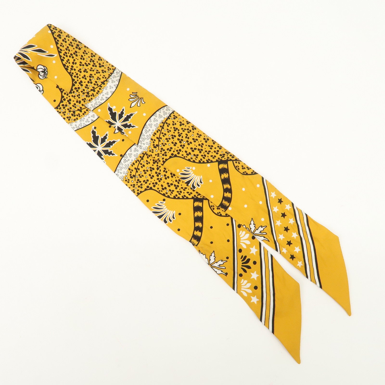HERMES Silk 100% Twilly Scarf LES LEOPARDS Yellow Black White