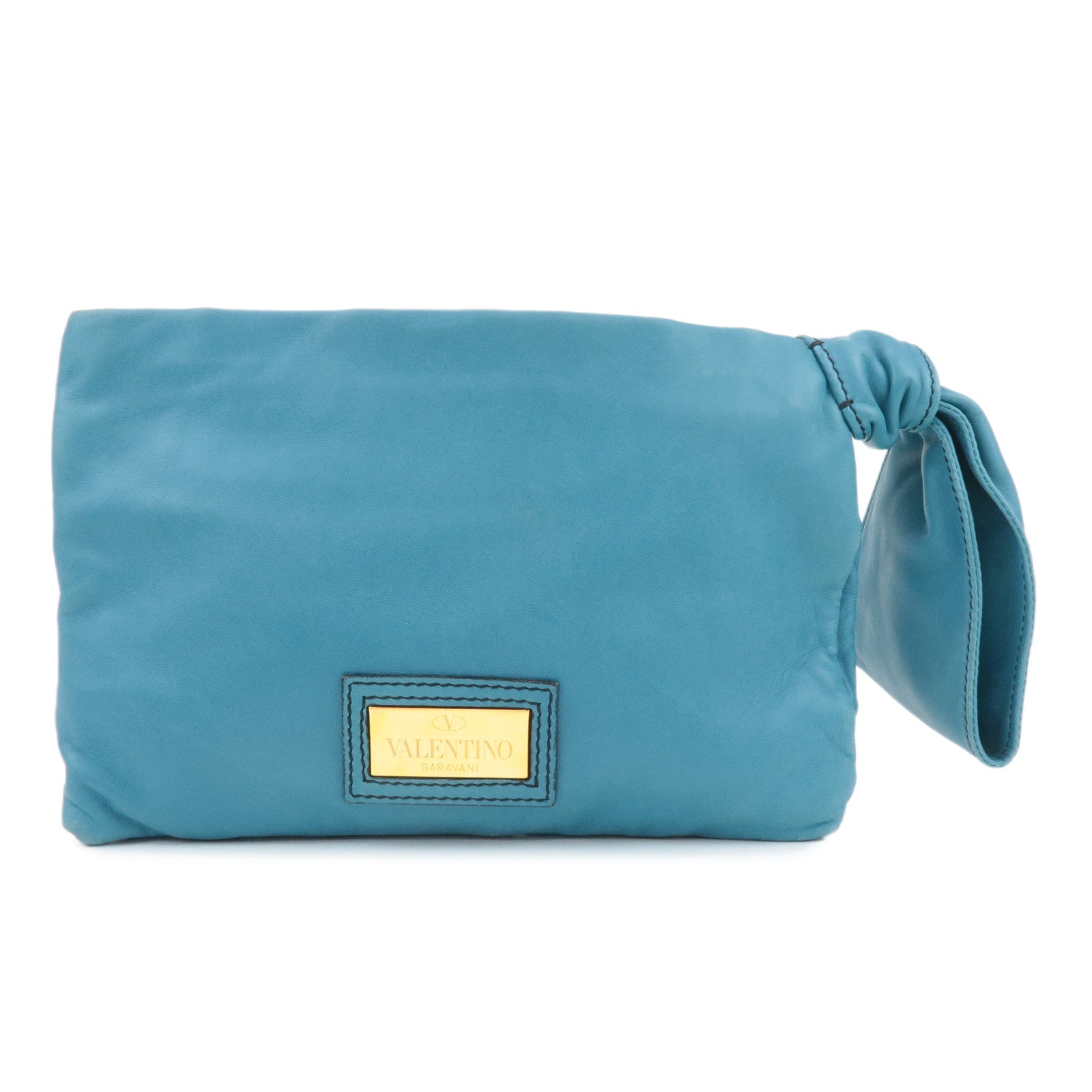 VALENTINO Leather Ribbon Clutch Bag Hand Bag Pouch Blue Used