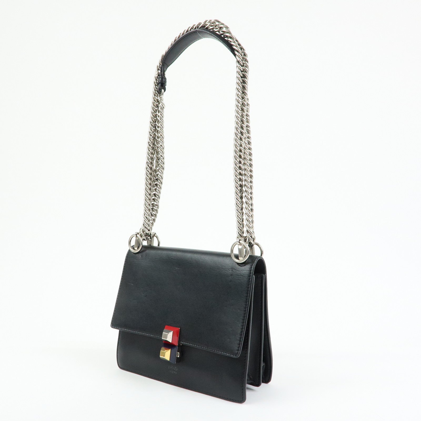 FENDI Kan I Mini Leather Chain Shoulder Crossbody Bag Black 8M0381