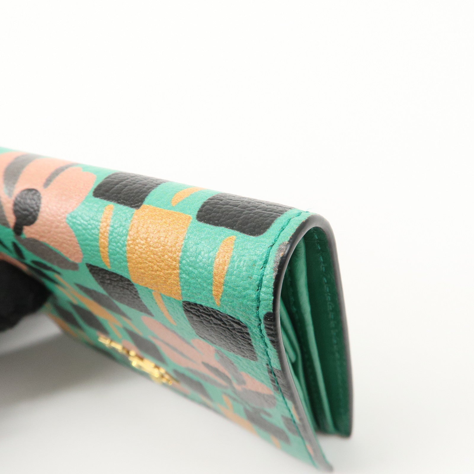 PRADA Leather Compact Wallet Floral Print Green Gold HDW 1MV204 Used
