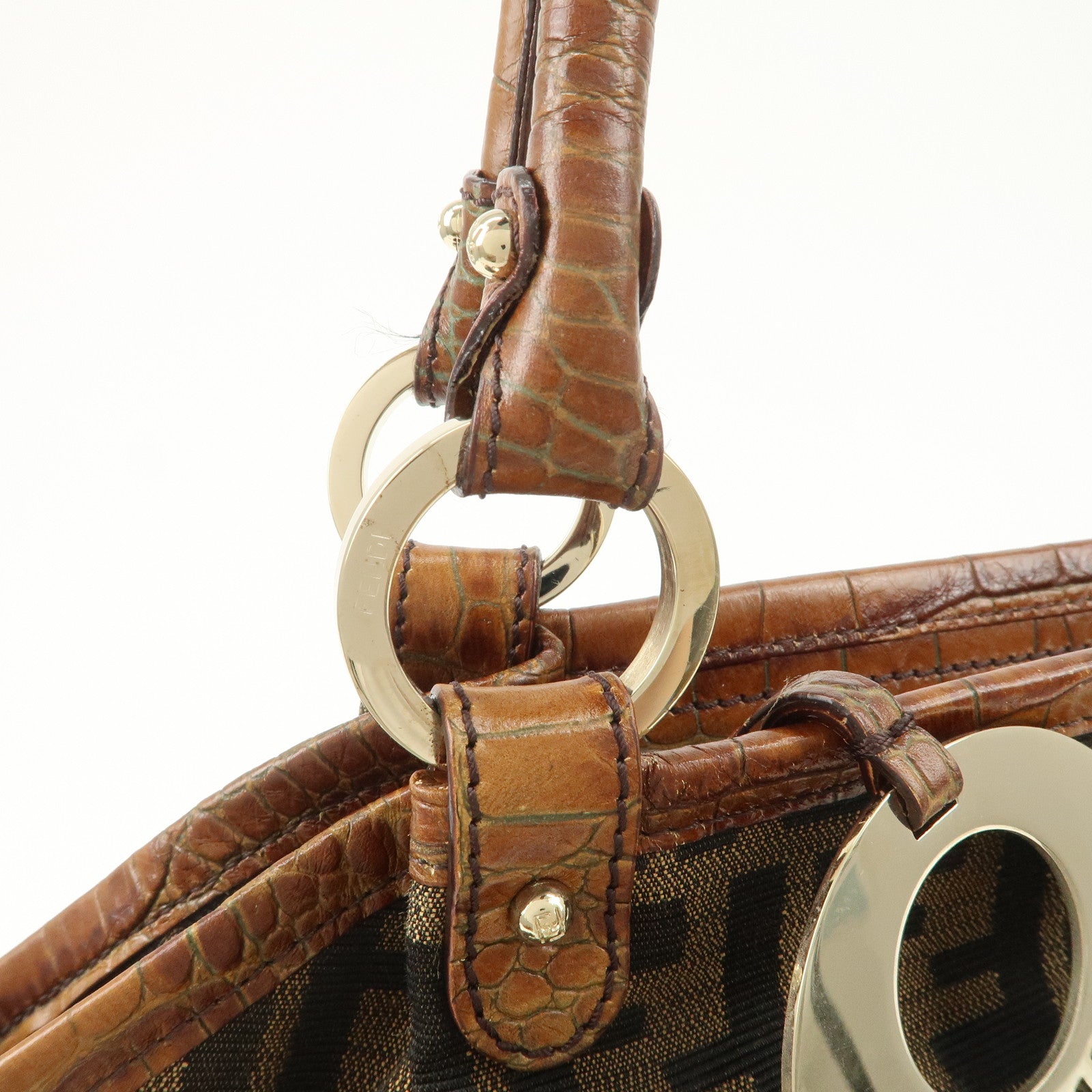 FENDI Zucca Gathered Canvas Leather Shoulder Bag Tote Bag 8BH186