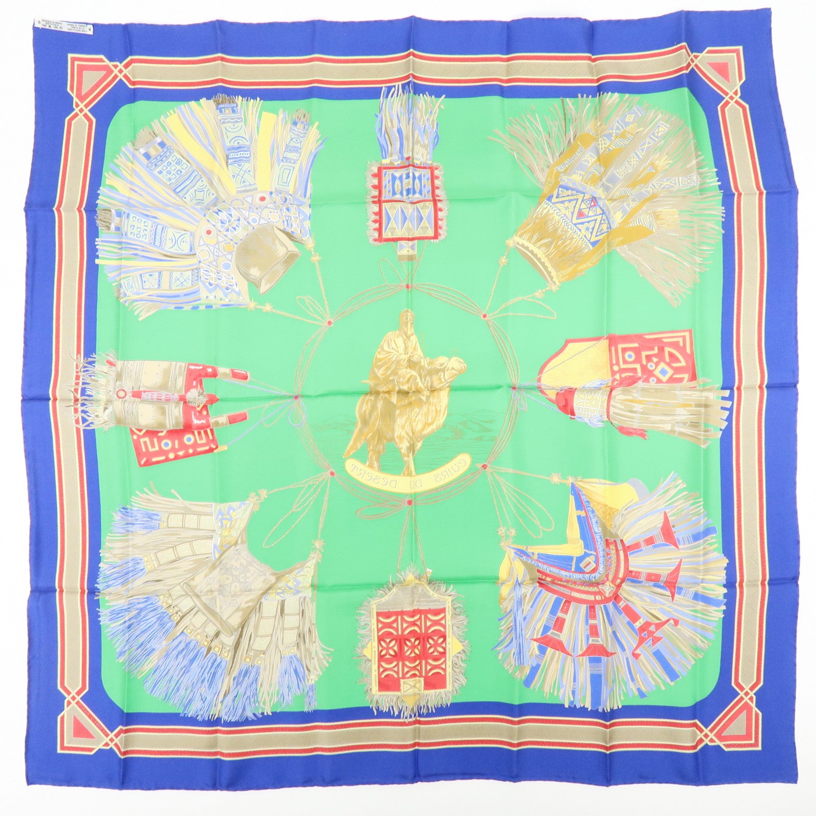 HERMES Carre 90 Silk 100% Scarf CUIRS DU DESERT Green Blue