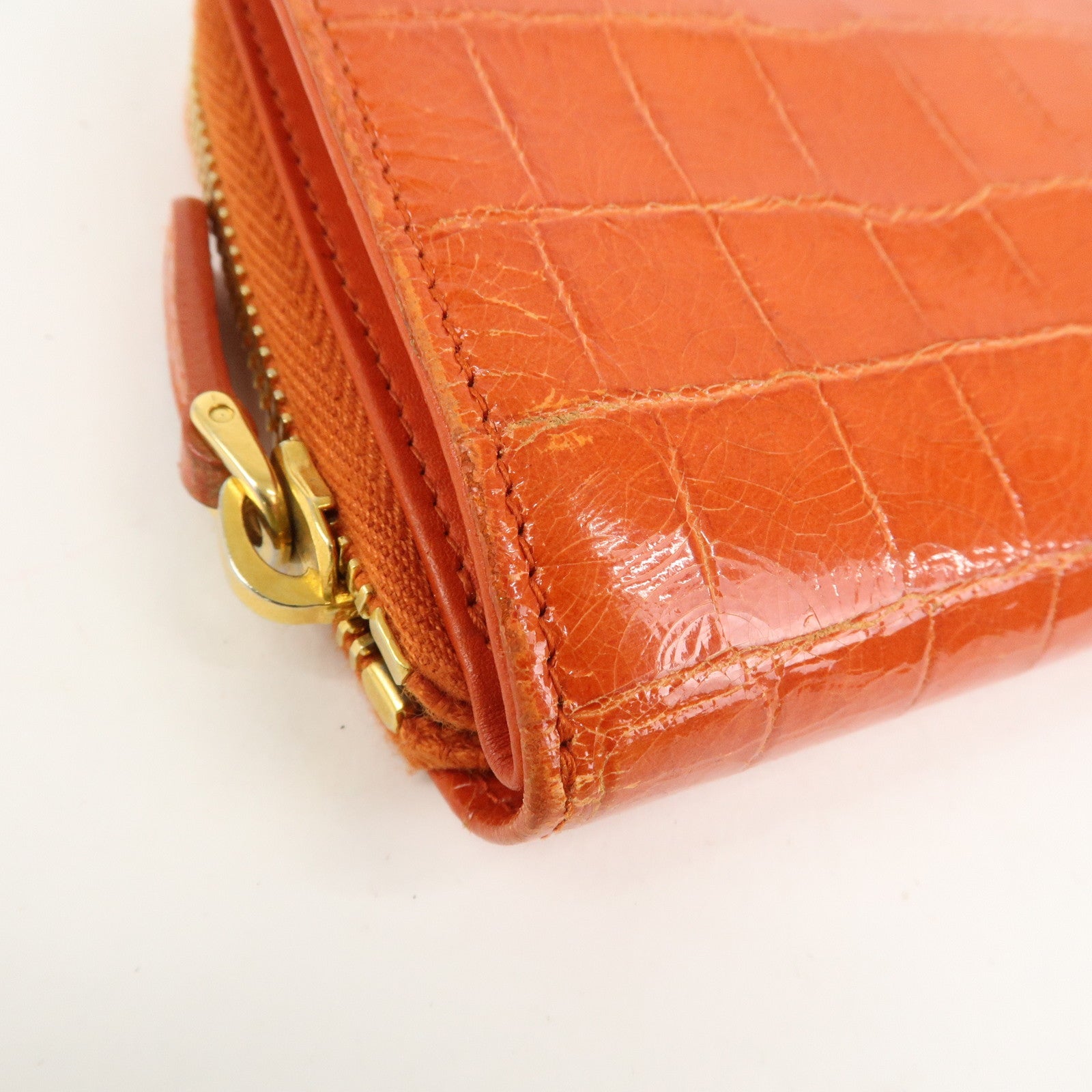 MIU MIU Leather Bi-Fold Wallet Compact Wallet Orange Gold Hardware Used