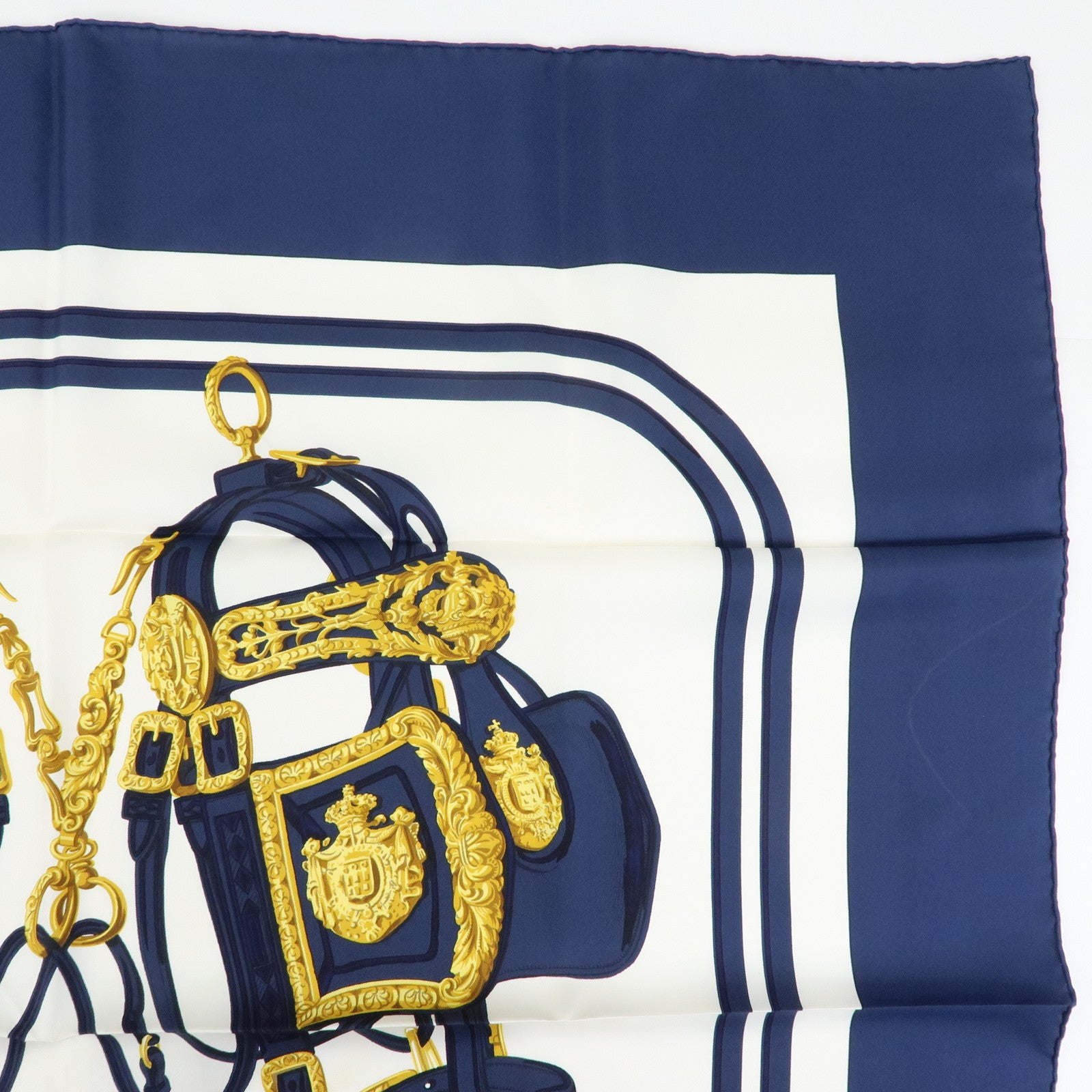 HERMES Carre 90 Silk 100% Scarf BRIDES DE GALA Navy Gold