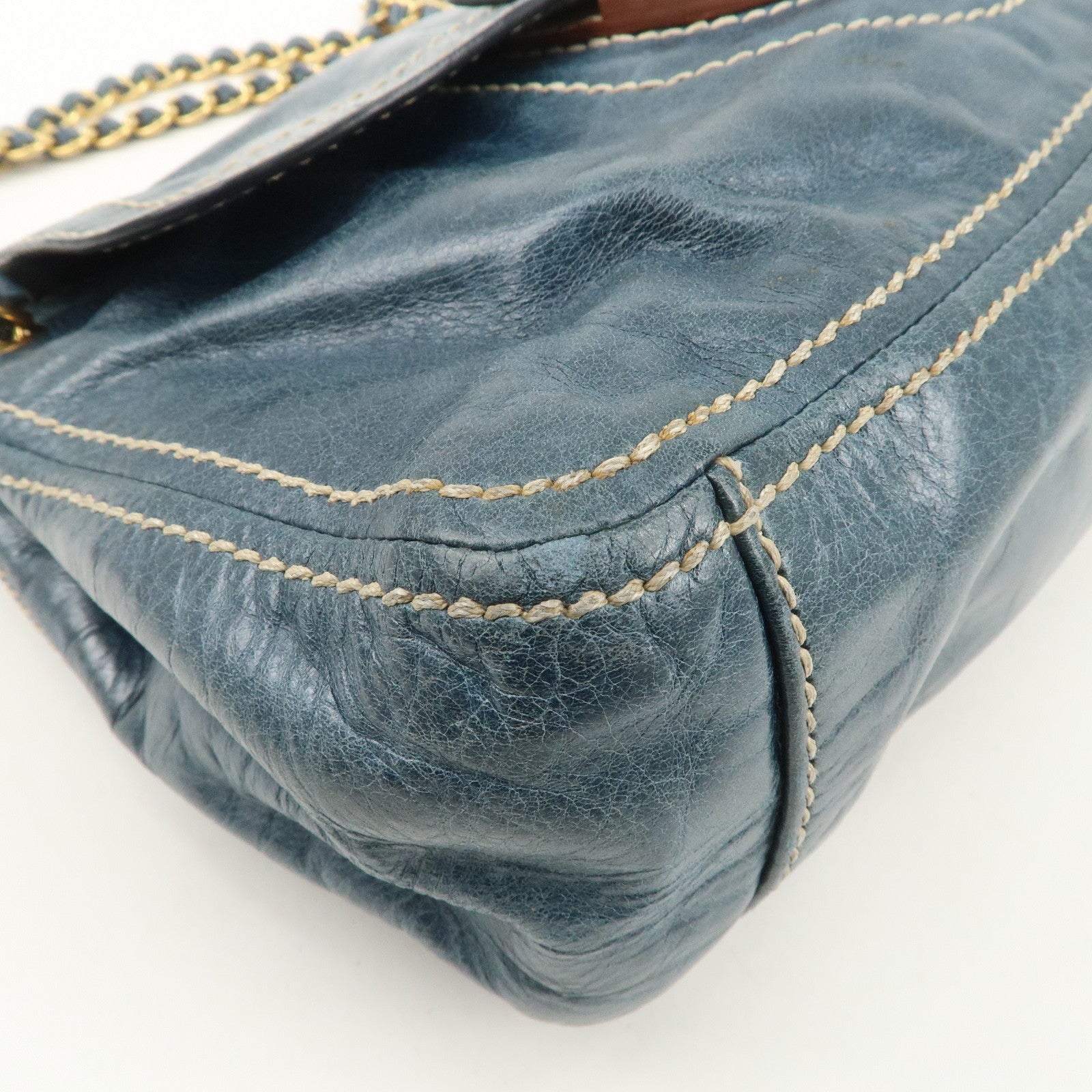 PRADA Leather Chain Shoulder Bag Blue Gold Hardware BR4659 Used