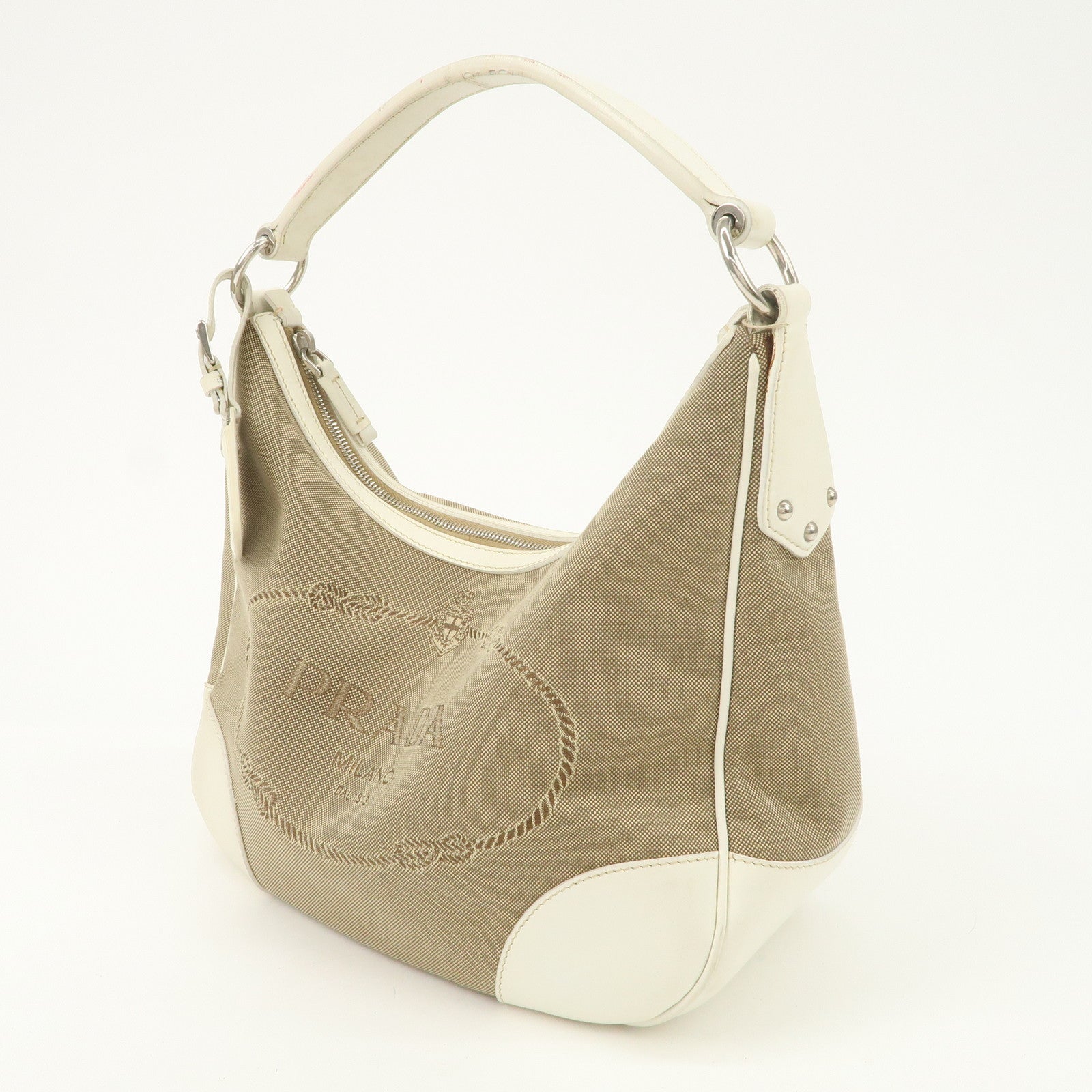 PRADA Logo Jacquard Canvas Leather Shoulder Bag Hand Bag BR3423