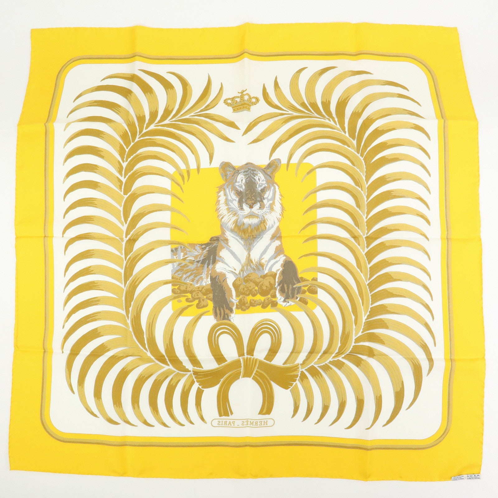 HERMES Carre 90 Silk100% Scarf Tigre Royal White Yellow Brown