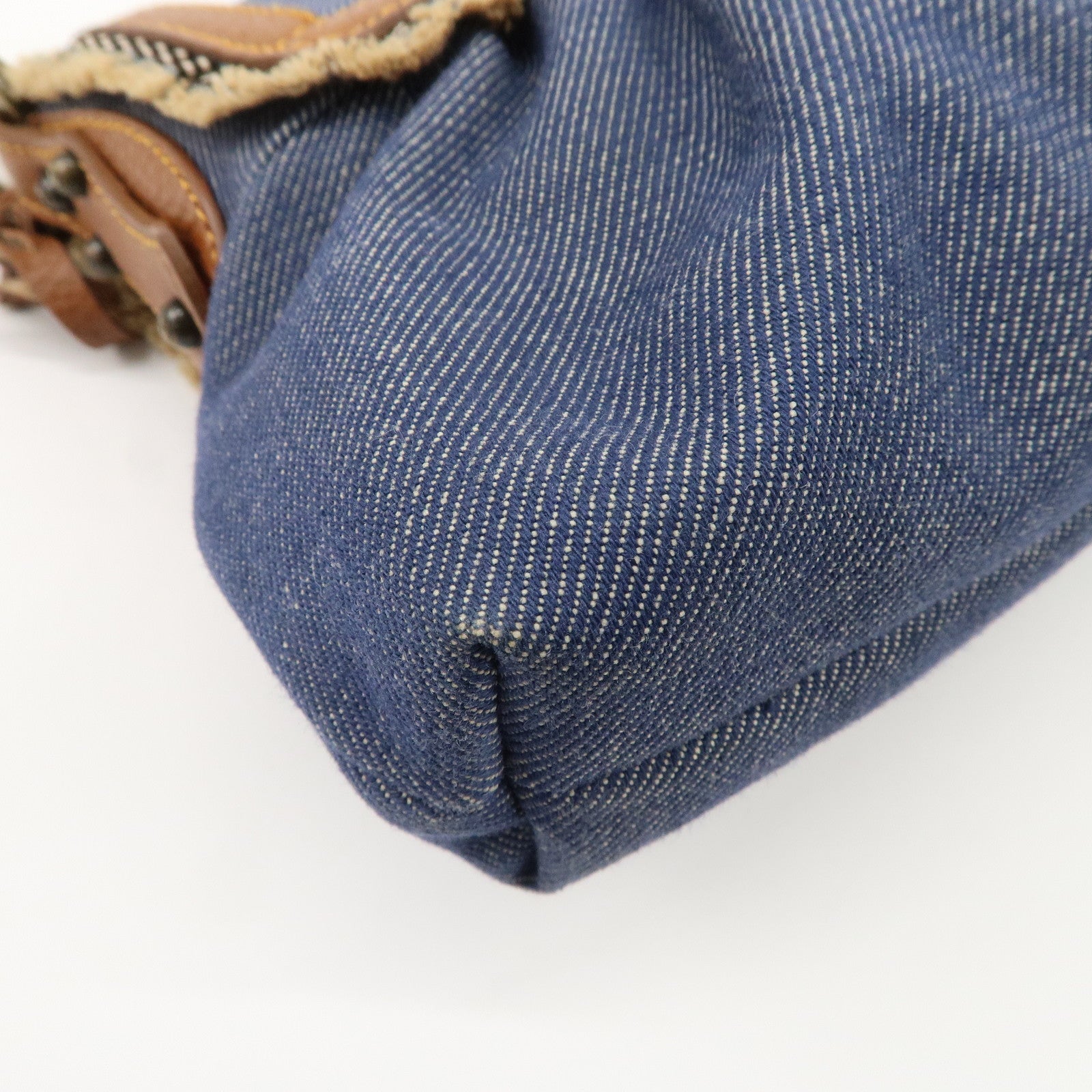 FENDI Denim Leather Shoulder Bag Hand Bag Indigo Brown 8BR445 Used