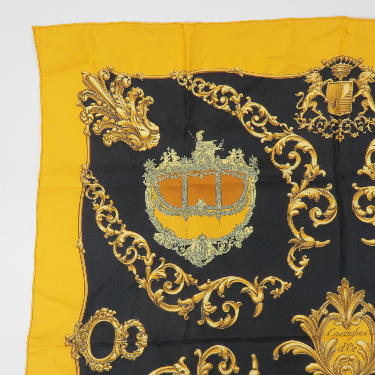 HERMES Carre 90 Silk 100% Scarf Carrosses d'Or Gold Black