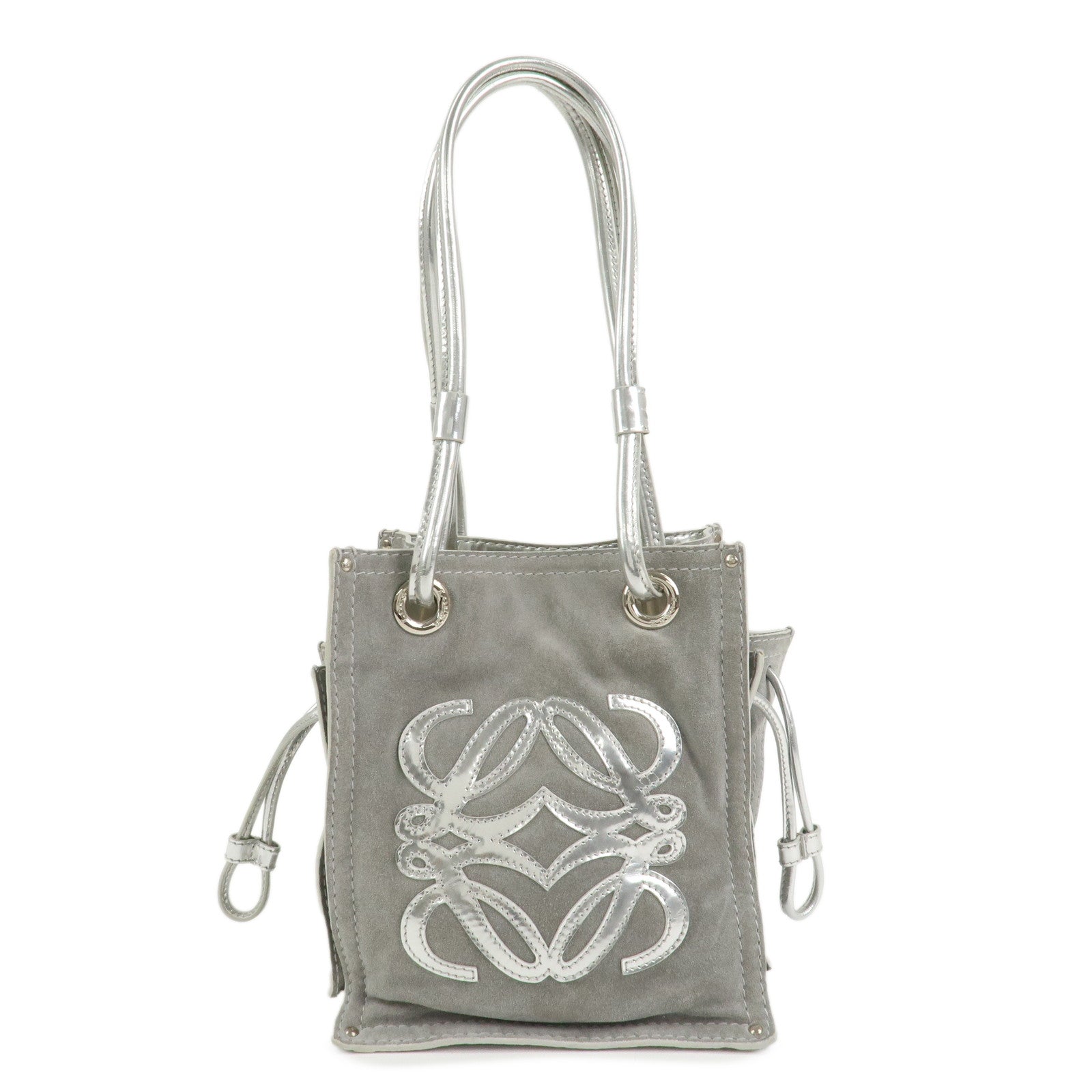 LOEWE Anagram Suede Leather Shoulder Bag Hand Bag Gray Silver