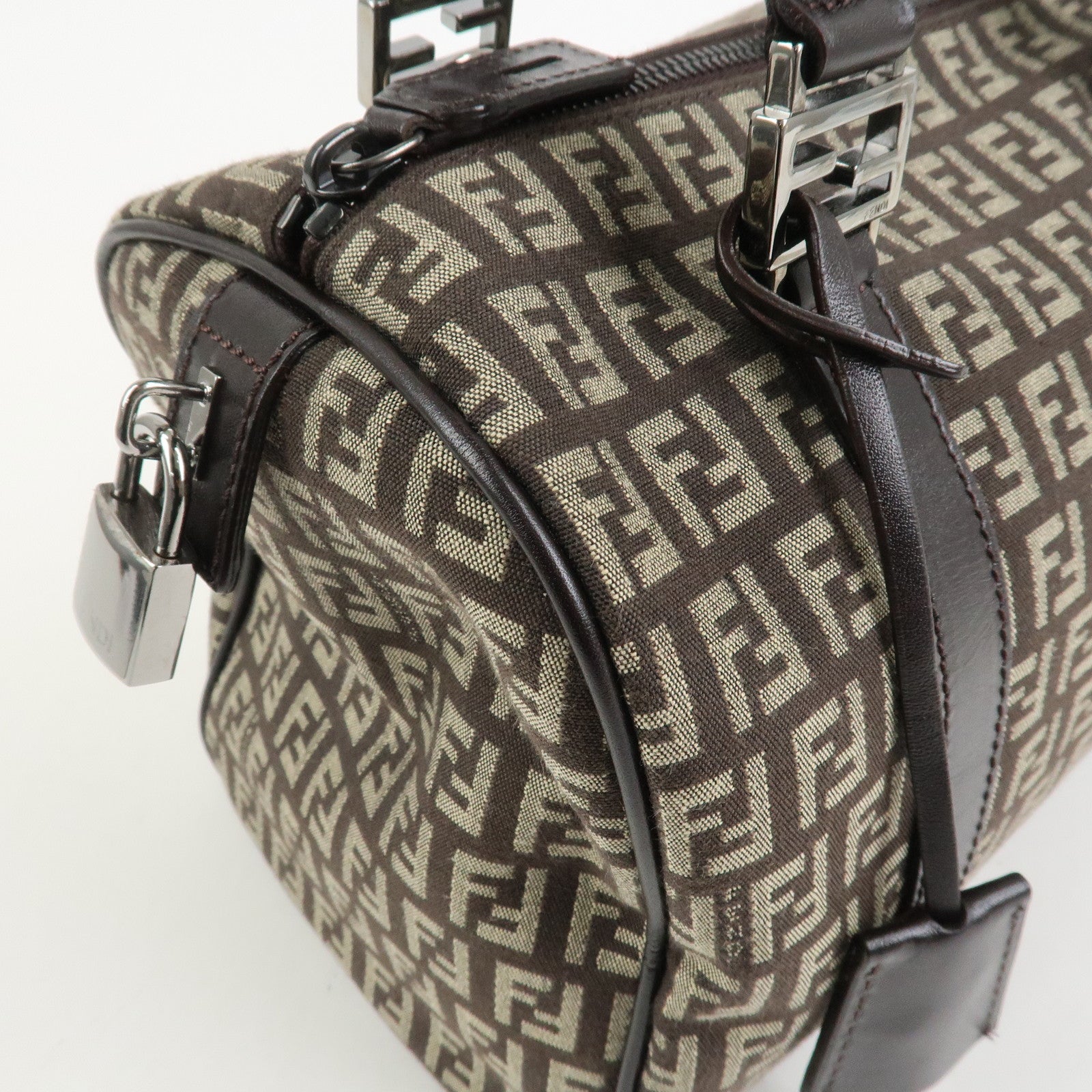 FENDI Zucchino Canvas Leather Hand Bag Boston Bag Brown 8BL068