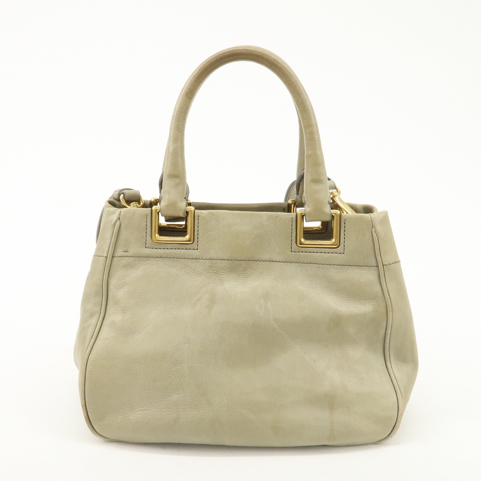 PRADA Logo Ribon Leather 2WAY Tote Bag Hand Bag Beige Gold HDW BN2245 Used