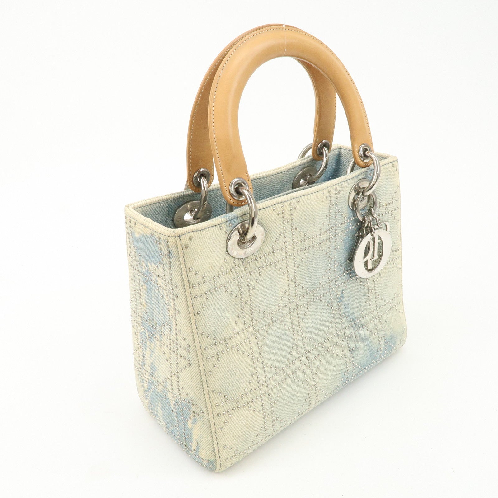 Christian Dior Cannage Leather Denim 2 Way Tote Bag Studs Beige Blue