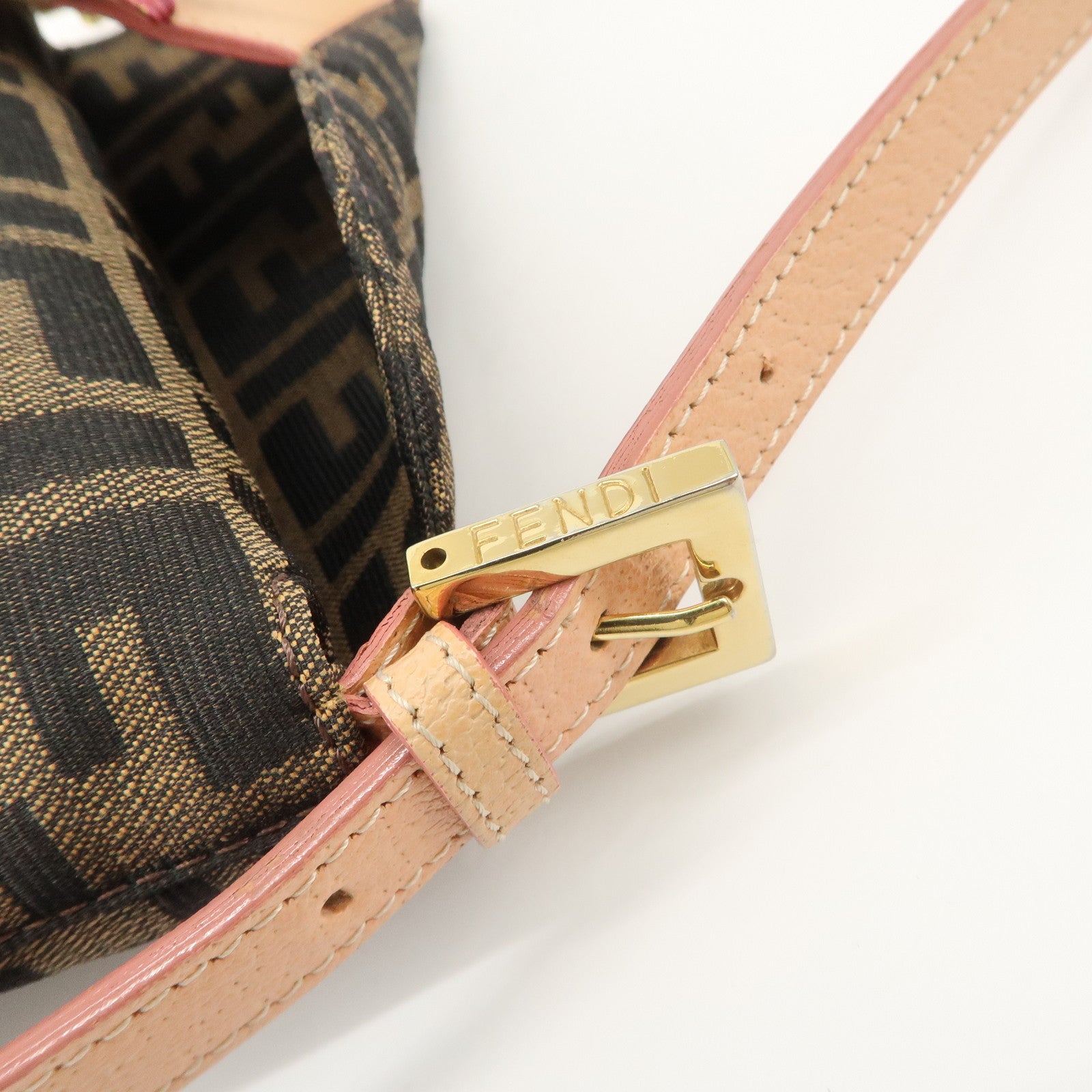 FENDI Zucca Canvas Leather Shoulder Bag Black Pink Flower Motif