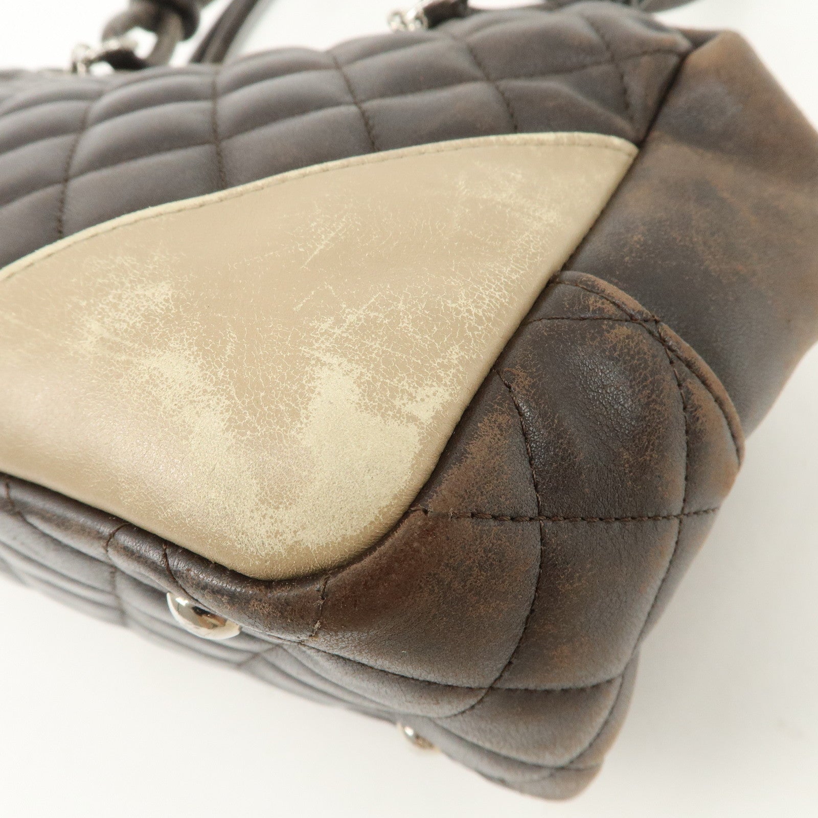 CHANEL Cambon Line Lamb Skin Bowling Bag Hand Bag Brown A25171 Used