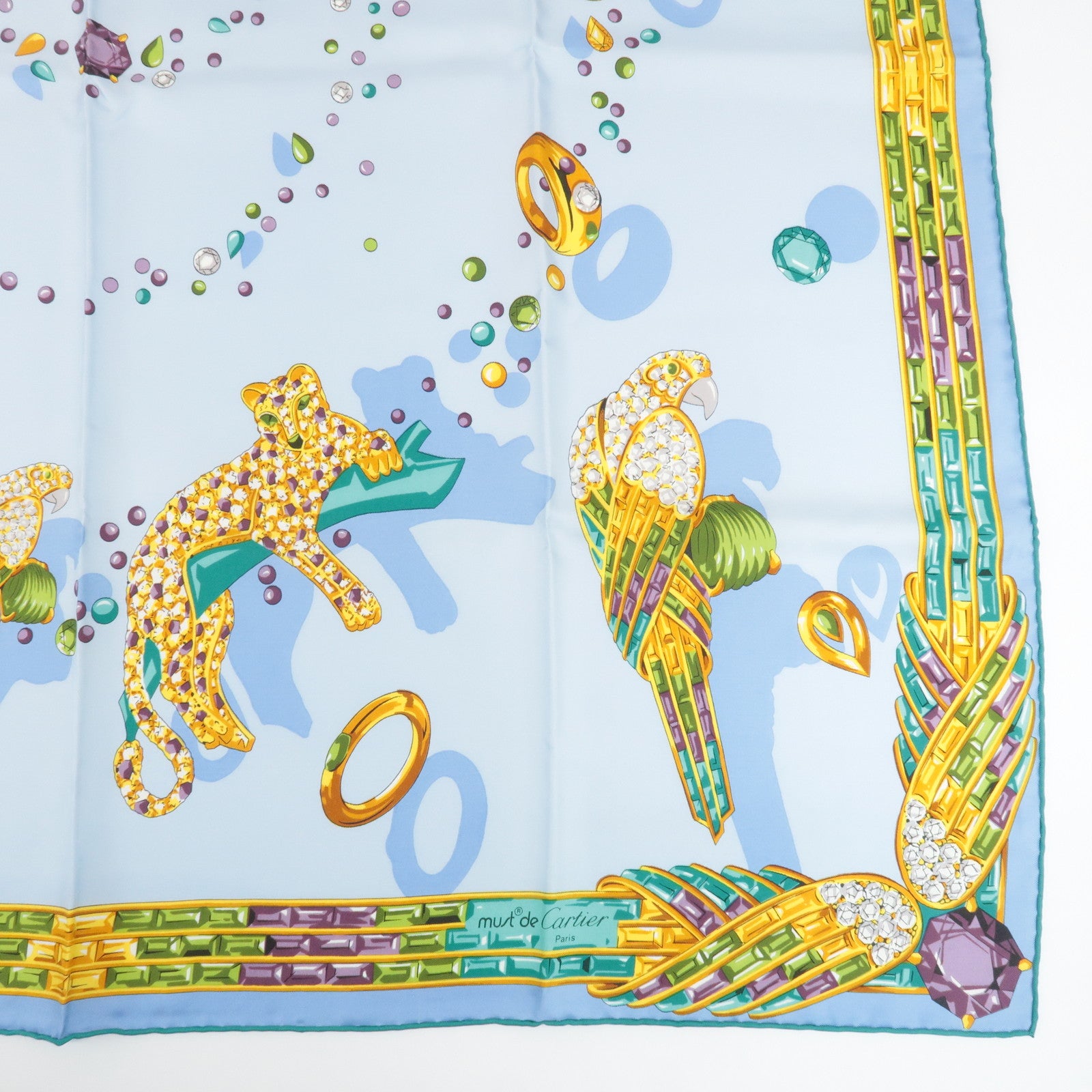 Cartier 100% Silk Scarf Light Blue Multicolor Used