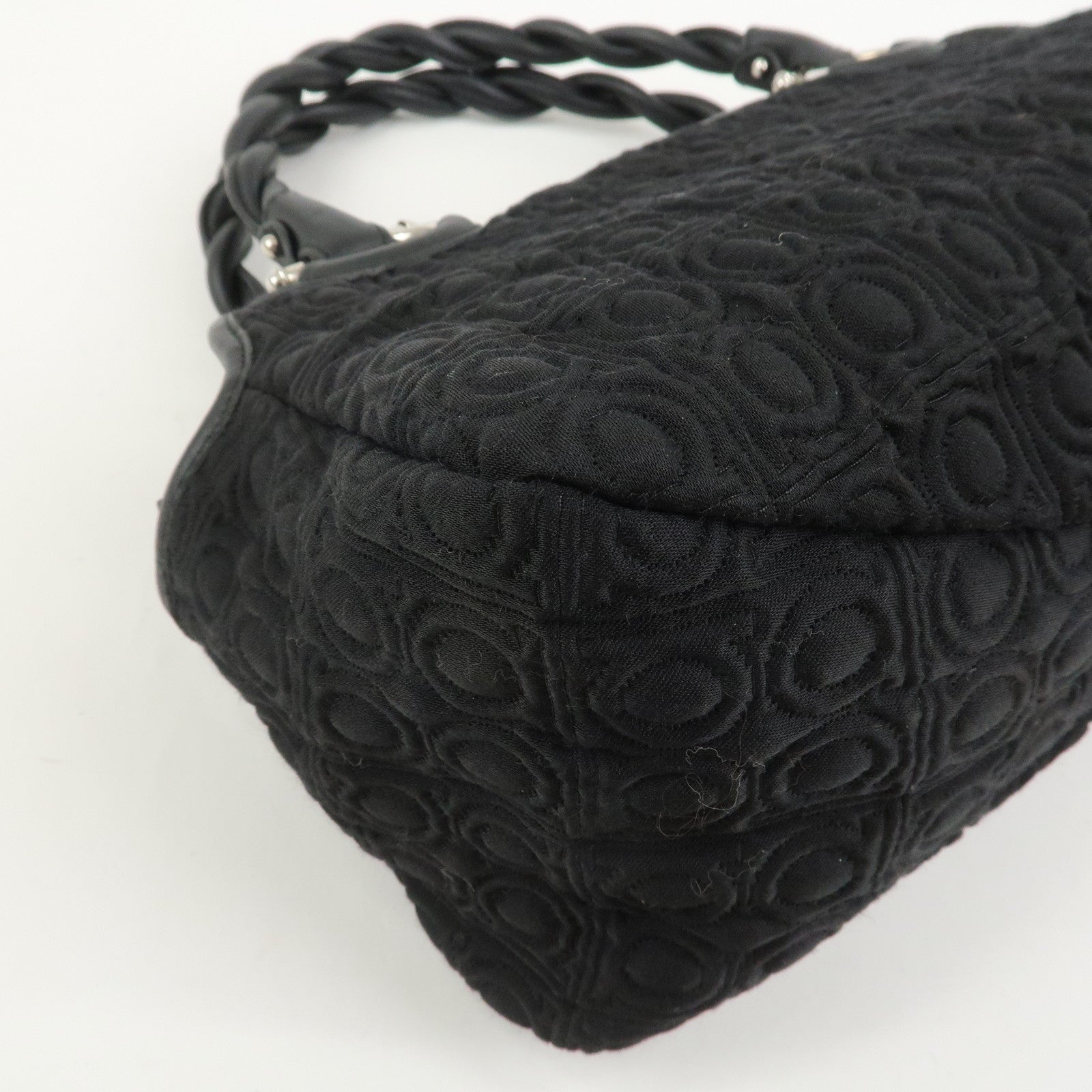 Ferragamo Gancini Canvas Leather Hand Bag Black Silver