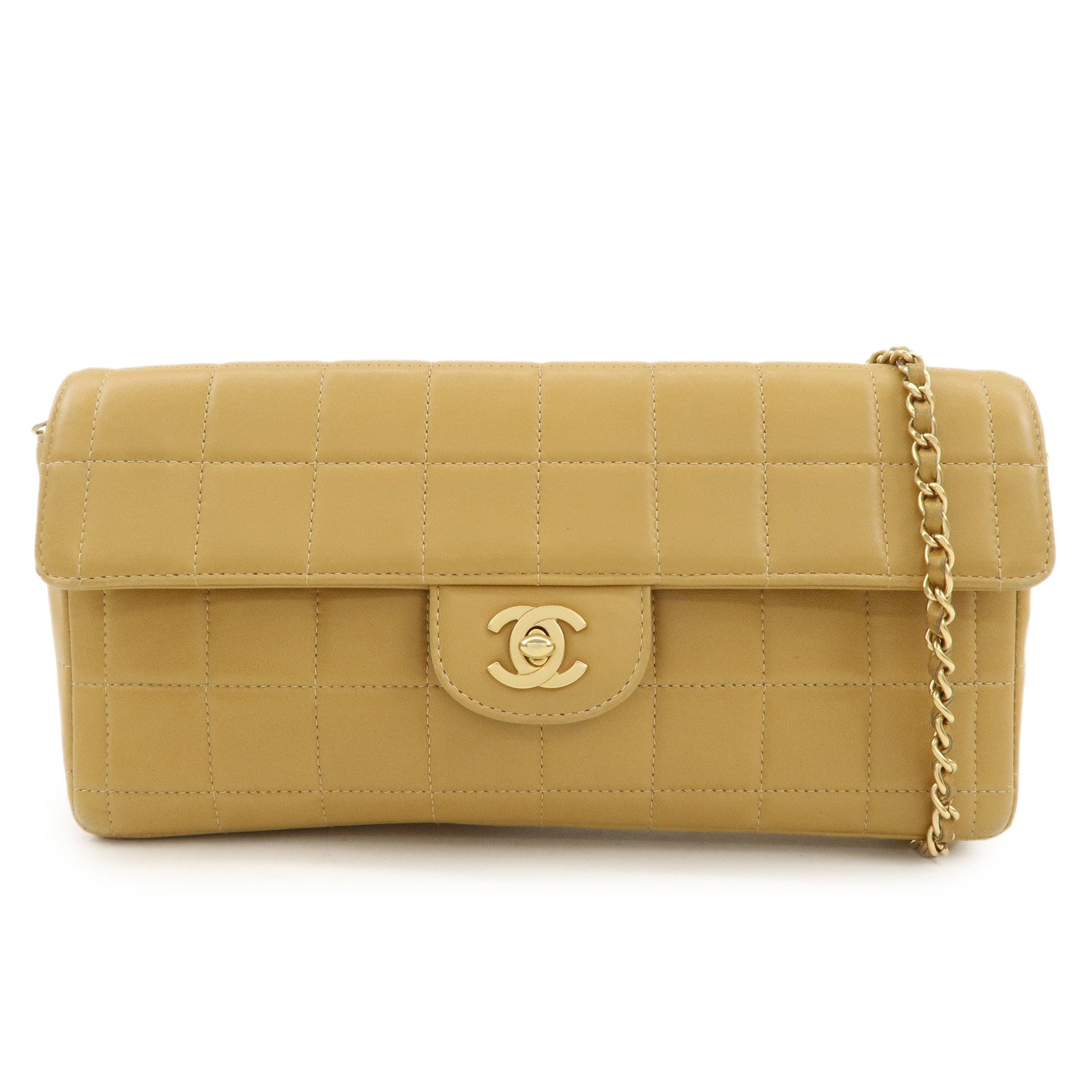 CHANEL Chocolate Bar Lamb Skin Chain Shoulder Bag Beige A15316 Used