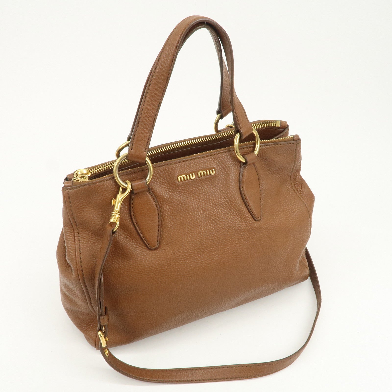 MIU MIU Logo Leather 2Way Bag Hand Bag Shoulder Bag Brown RN0761