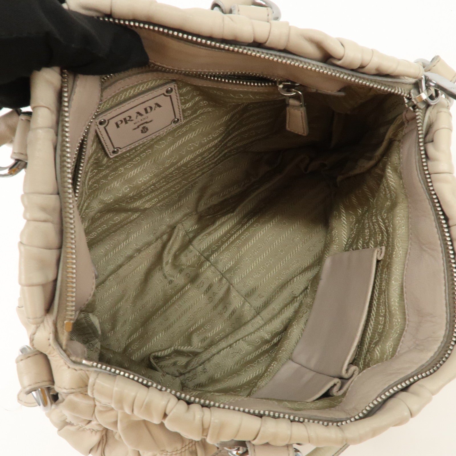 PRADA Logo Leather Gathered 2Way Hand Bag Beige BN1336
