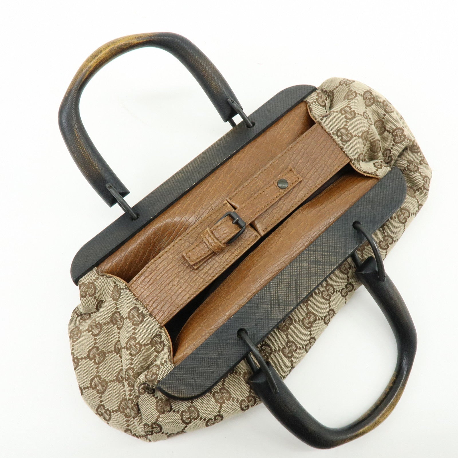 GUCCI GG Monogram Canvas Wood Handle Hand Bag Brown 112683
