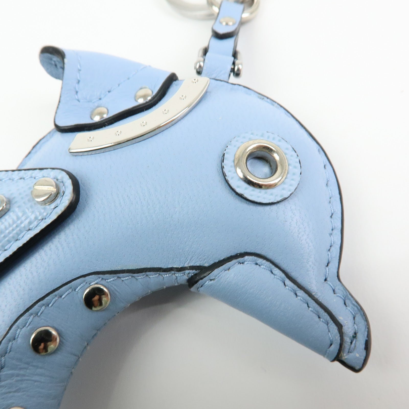 PRADA Triangle Logo Dolphin Motif Leather Key Charm Light Blue