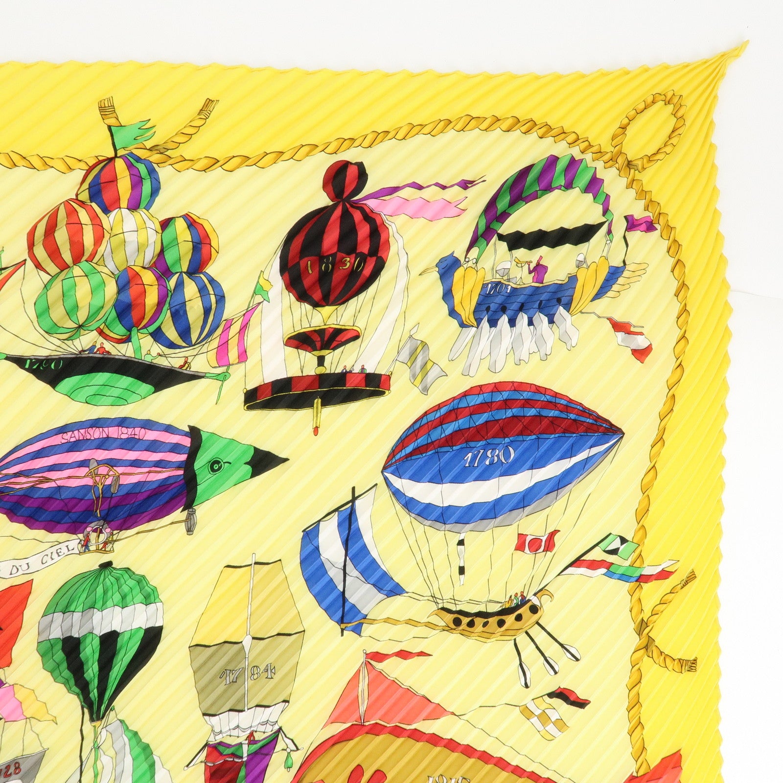 HERMES pleats Carre 90 Silk 100% Scarf Yellow Green Purple Red Used