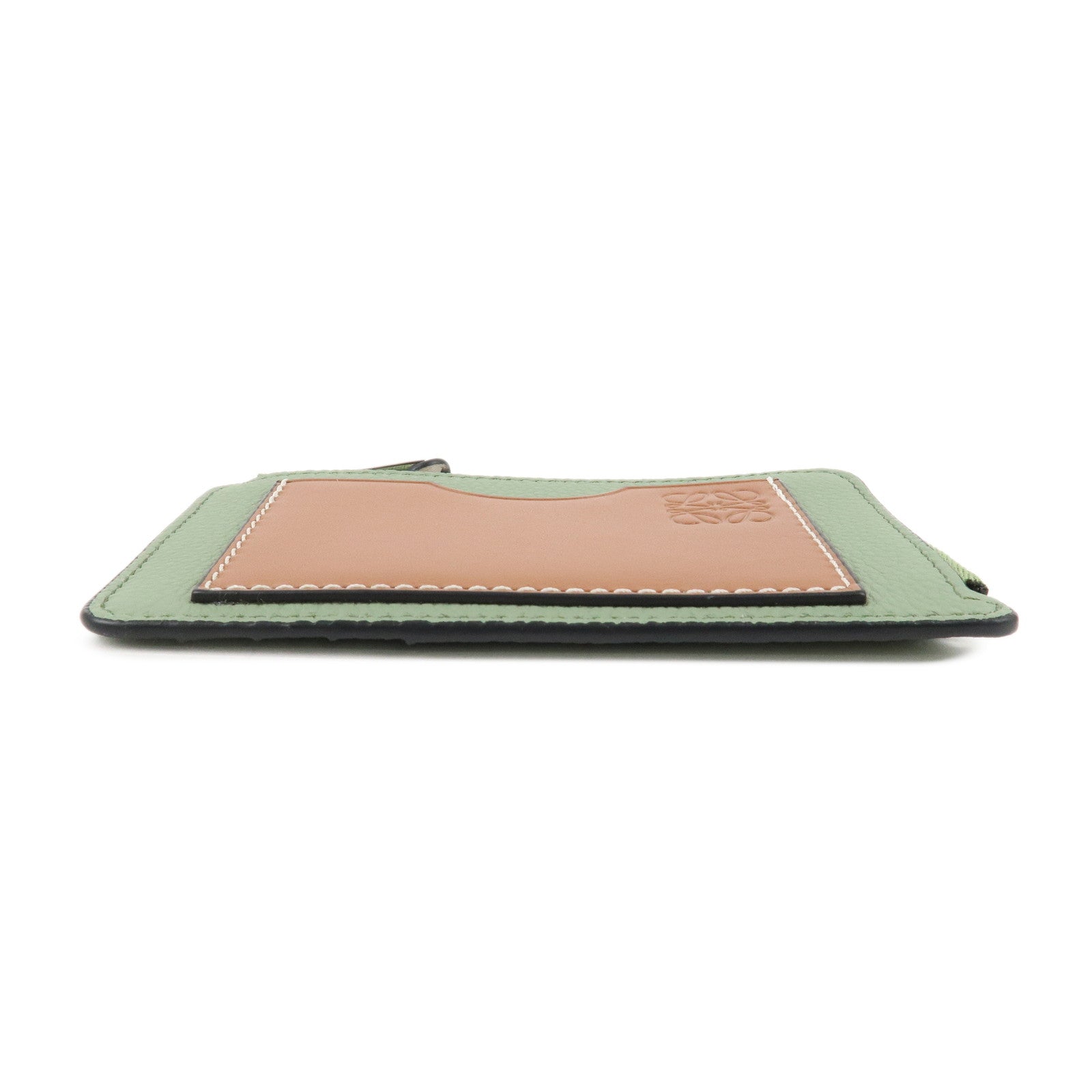 LOEWE Fragment Soft Grained Calf Coin Case Card Case Light Green Brown Used