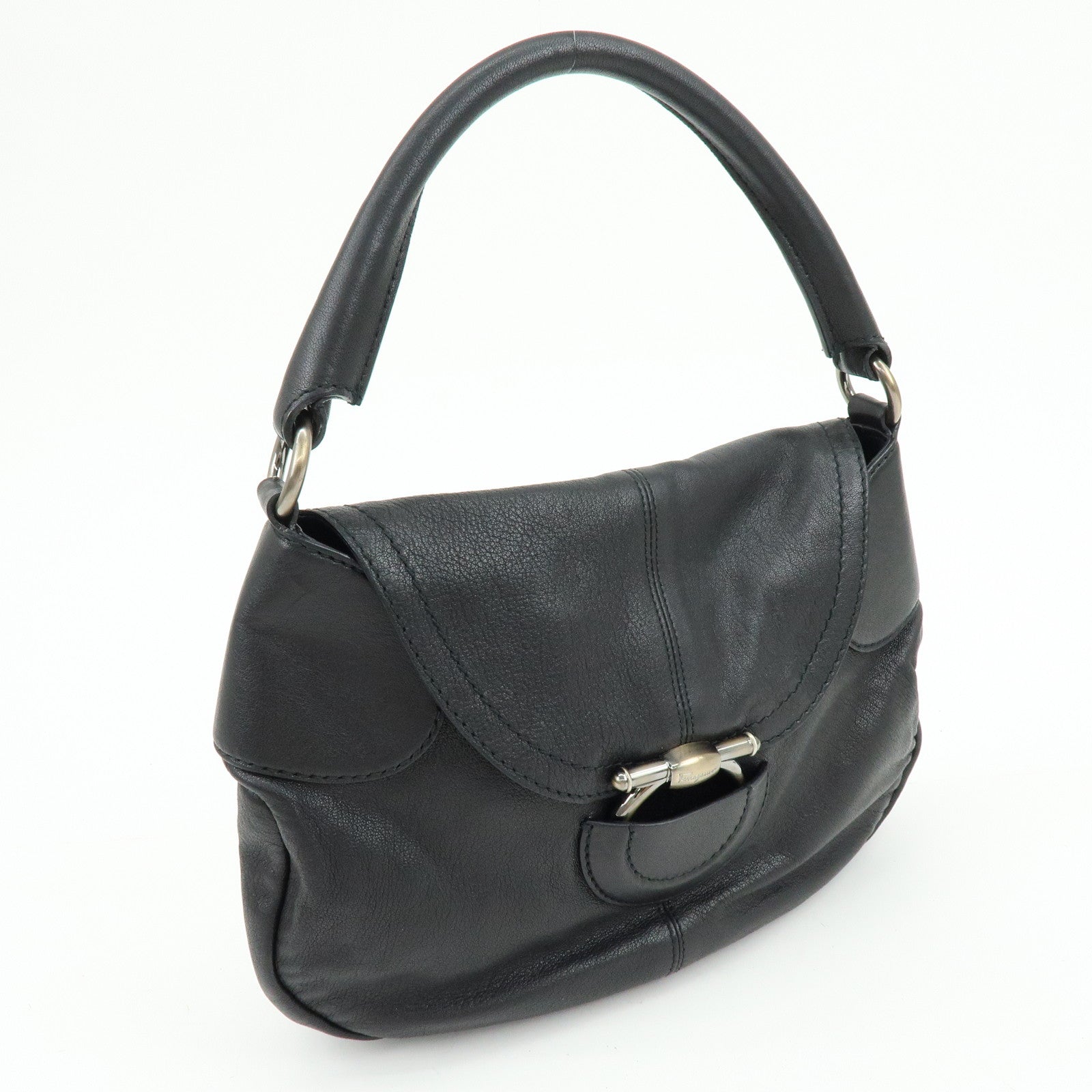 Ferragamo Gancini Leather Shoulder Bag Hand Bag Black