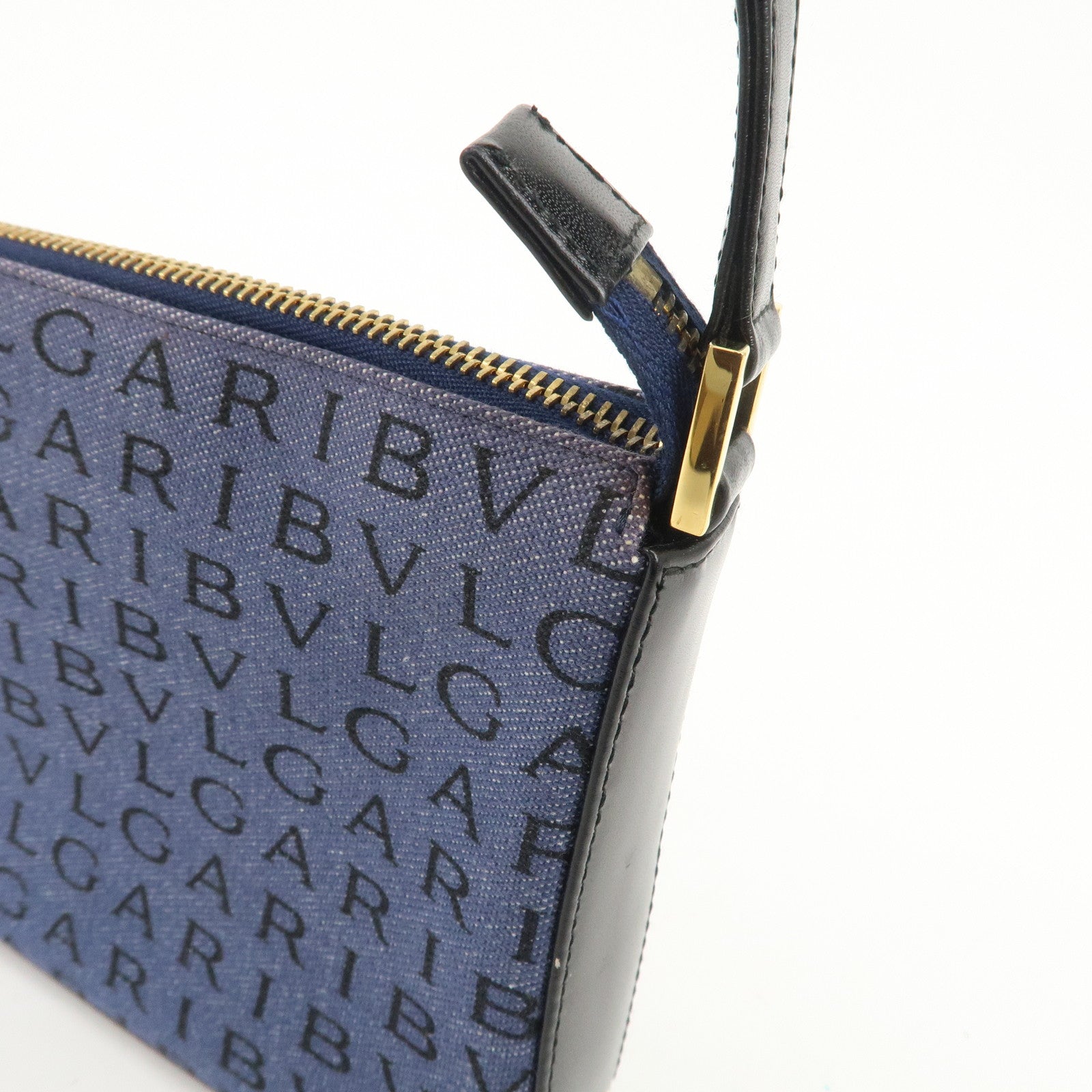 BVLGARI Logo Mania Canvas Leather Shoulder Bag Hand Bag Denim Black