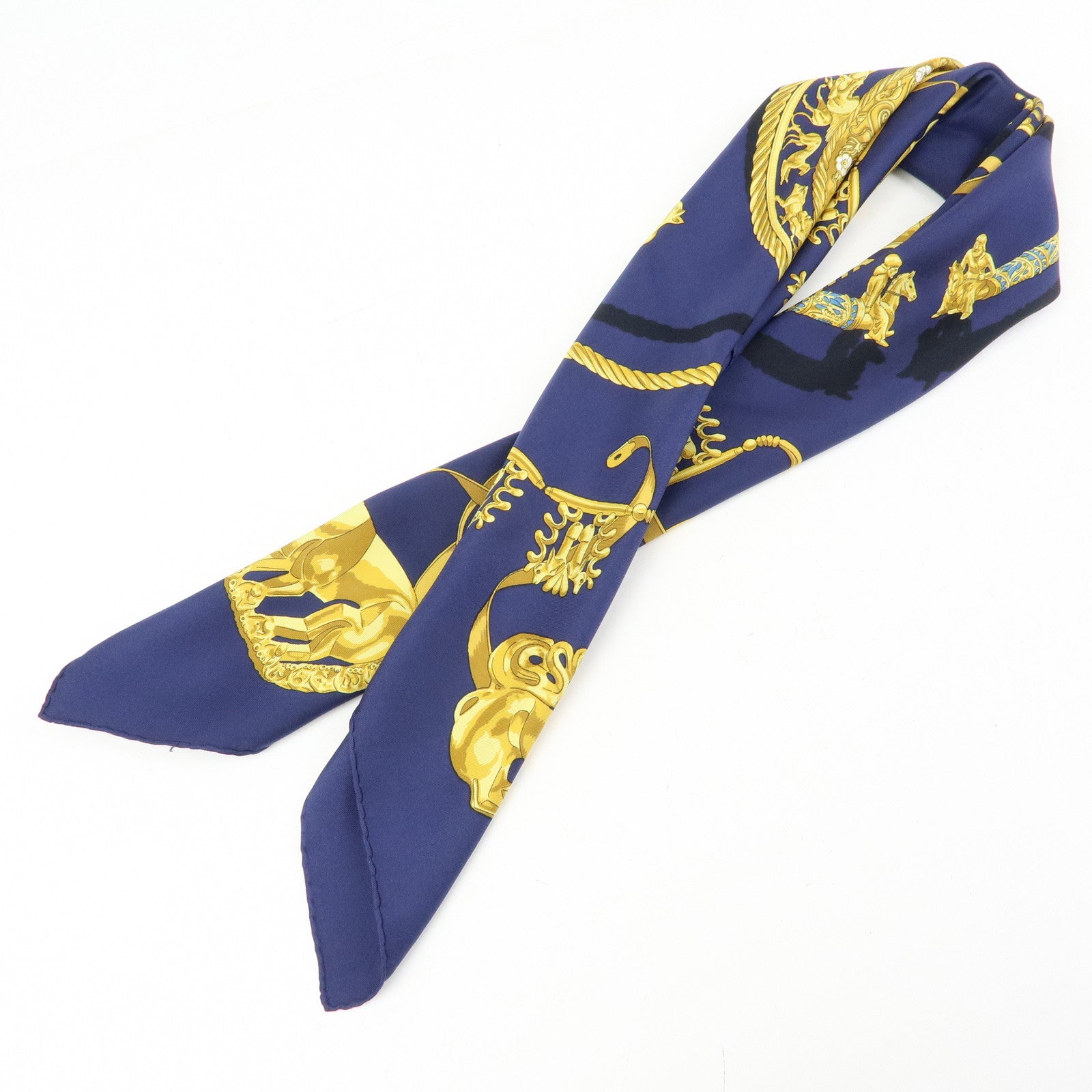 HERMES Carre 90 Silk 100% Scarf LES CAVALIERS D'OR Navy Yellow