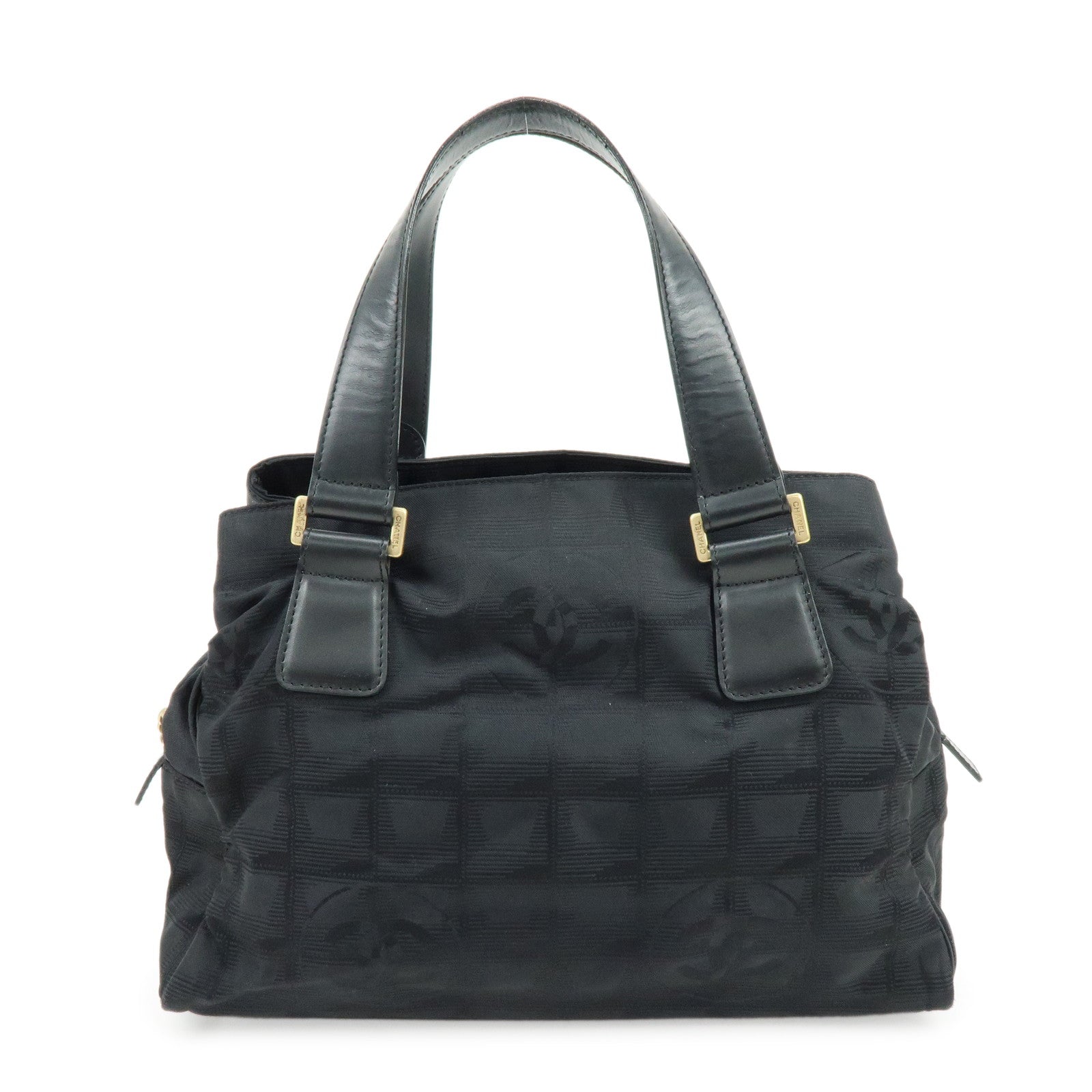 CHANEL New Travel Line Nylon Jacquard Leather Hand Bag Black