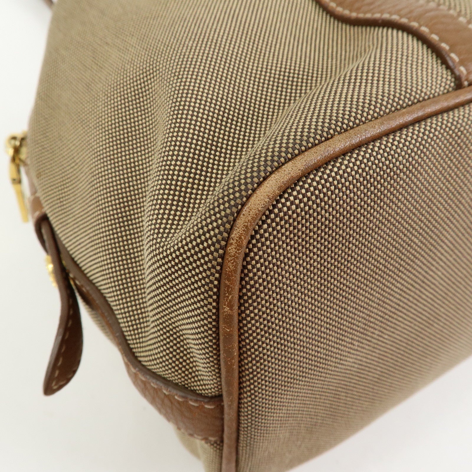 PRADA Logo Canvas Leather Boston Bag Hand Bag Beige Brown BL0600