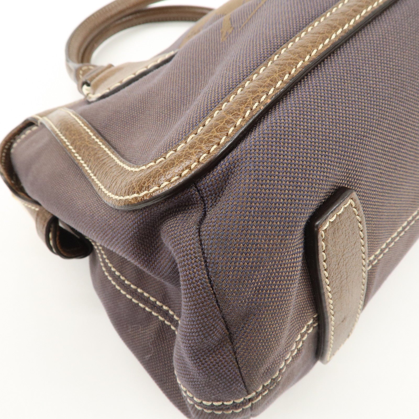 CELINE Leather Canvas Hand Bag Sulky Print Brown Used