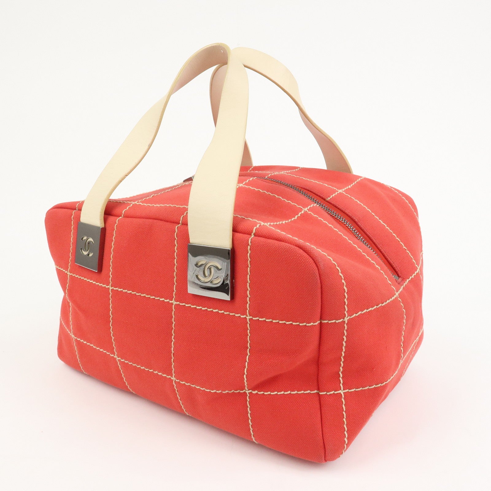 CHANEL Chocolate Bar COCO Mark Canvas Leather Hand Bag Red