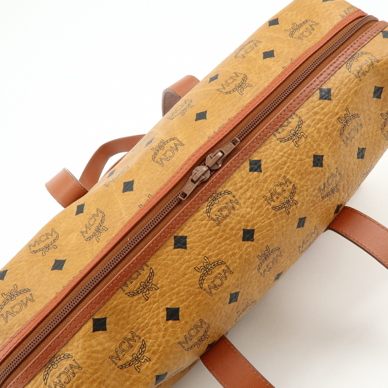 MCM Visetos PVC Leather Tote Bag Boston Bag Hand Bag Cognac Brown