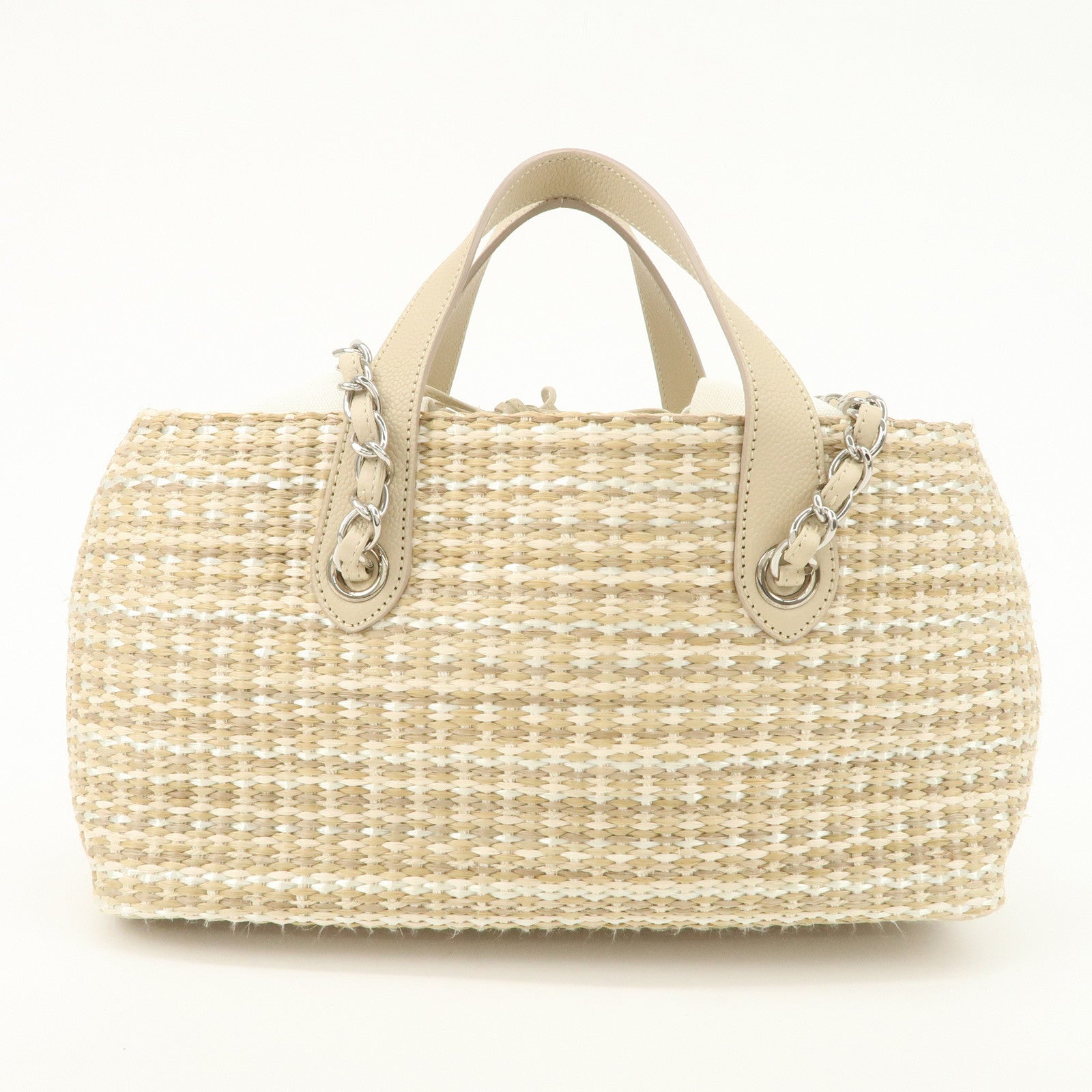 CHANEL Lether Raffia 2Way Bag Shoulder Bag Hand Bag Beige