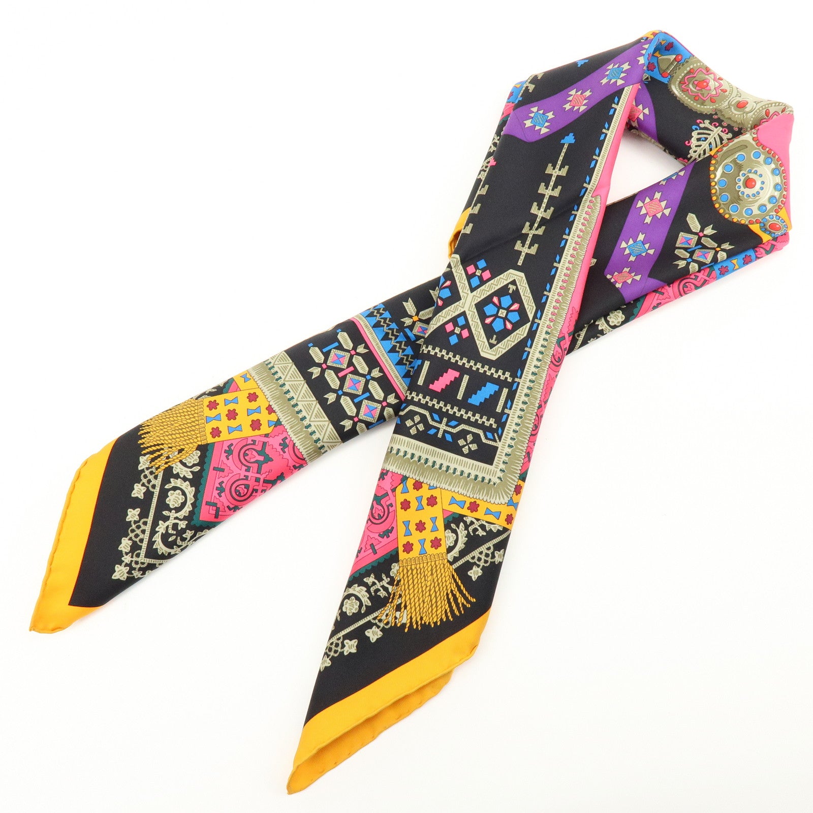 HERMES Carre 90 Silk 100% Scarf Brins d'or Pink Black Multi Color