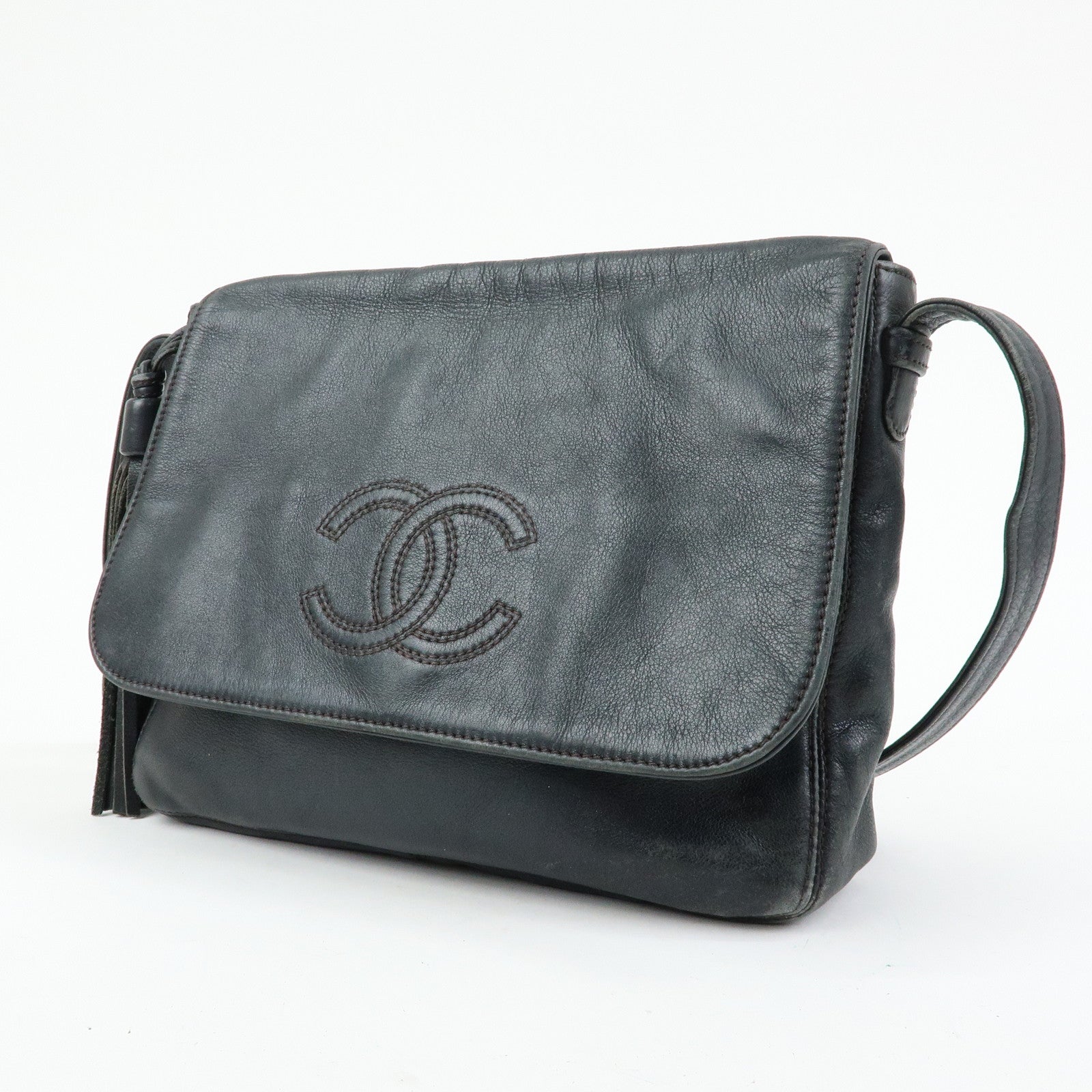 CHANEL Fringe COCO Mark Calf Leather Shoulder Crossbody Bag Black