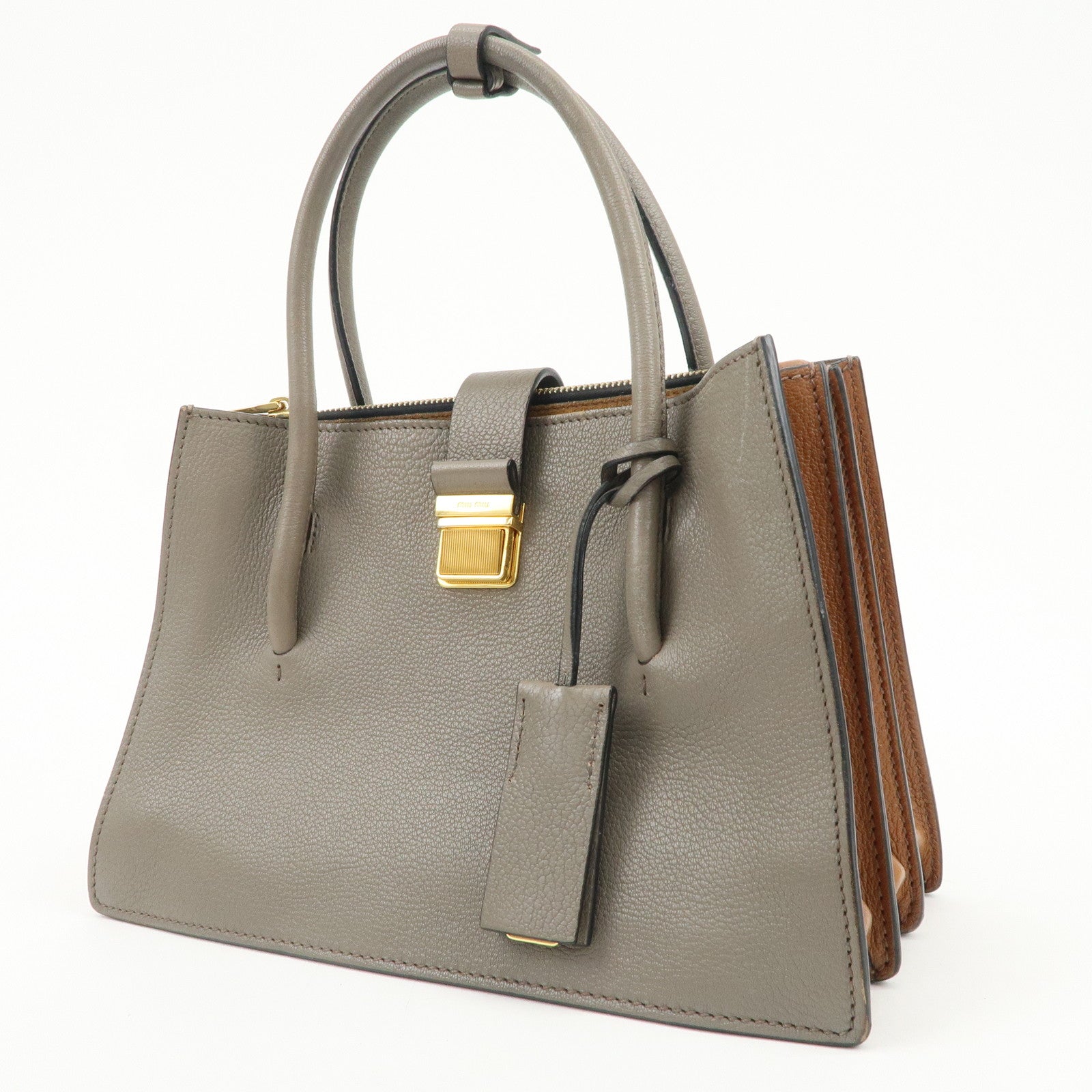 MIU MIU Logo Leather 2Way Bag Hand Bag Shoulder Bag Gray RN1104