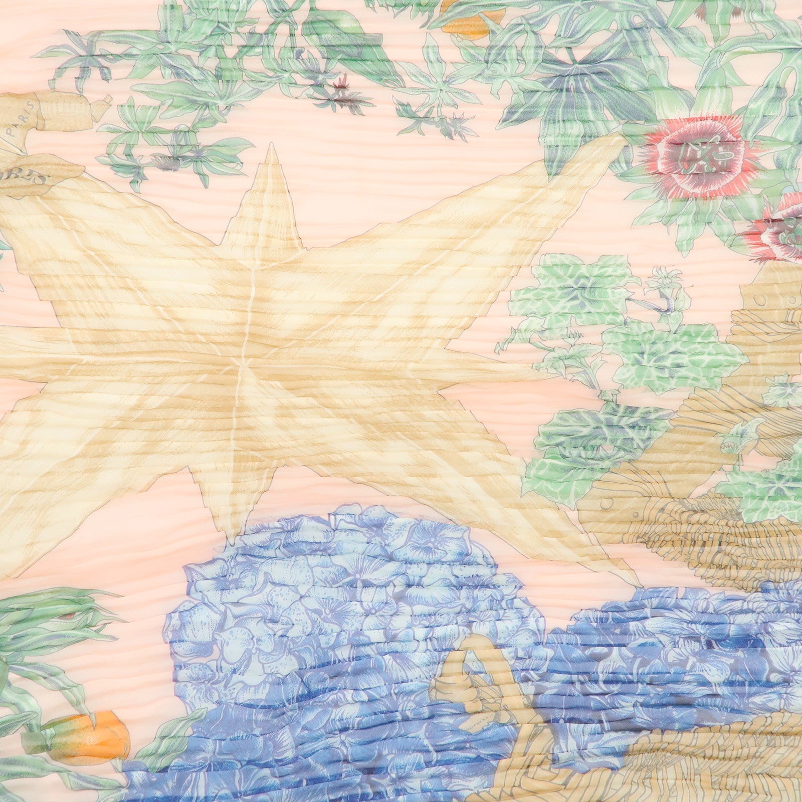 HERMES Pleated Carre Silk 100% Scarf PASSIFLORES Pink Multicolor