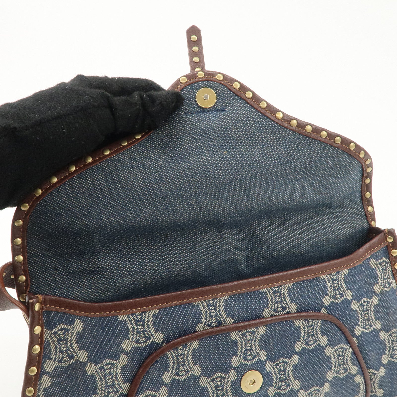 CELINE Macadam Studs Denim Leather Shoulder Bag Dark Brown Navy Used