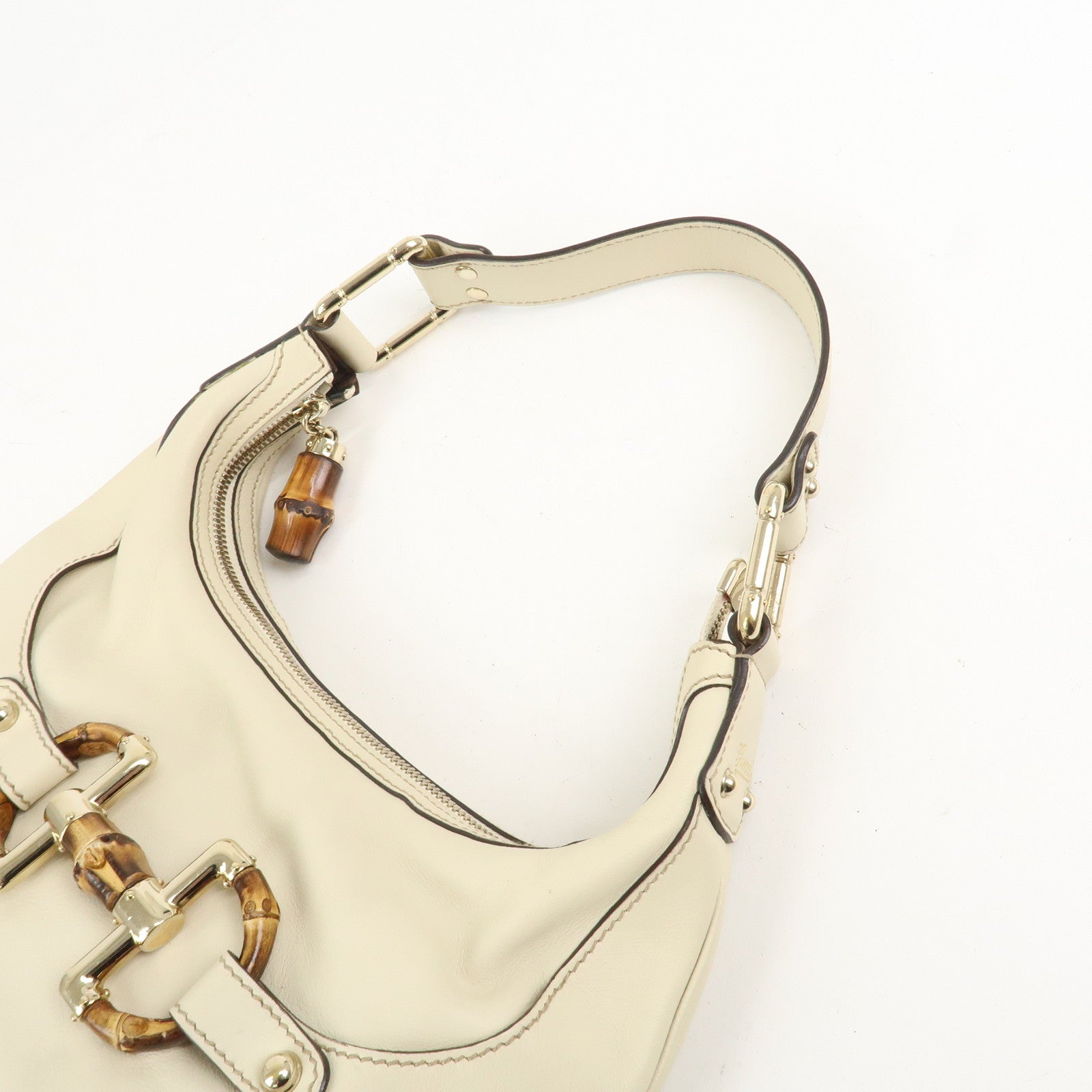 GUCCI Horsebit Bamboo Leather Shoulder Bag Ivory 154378