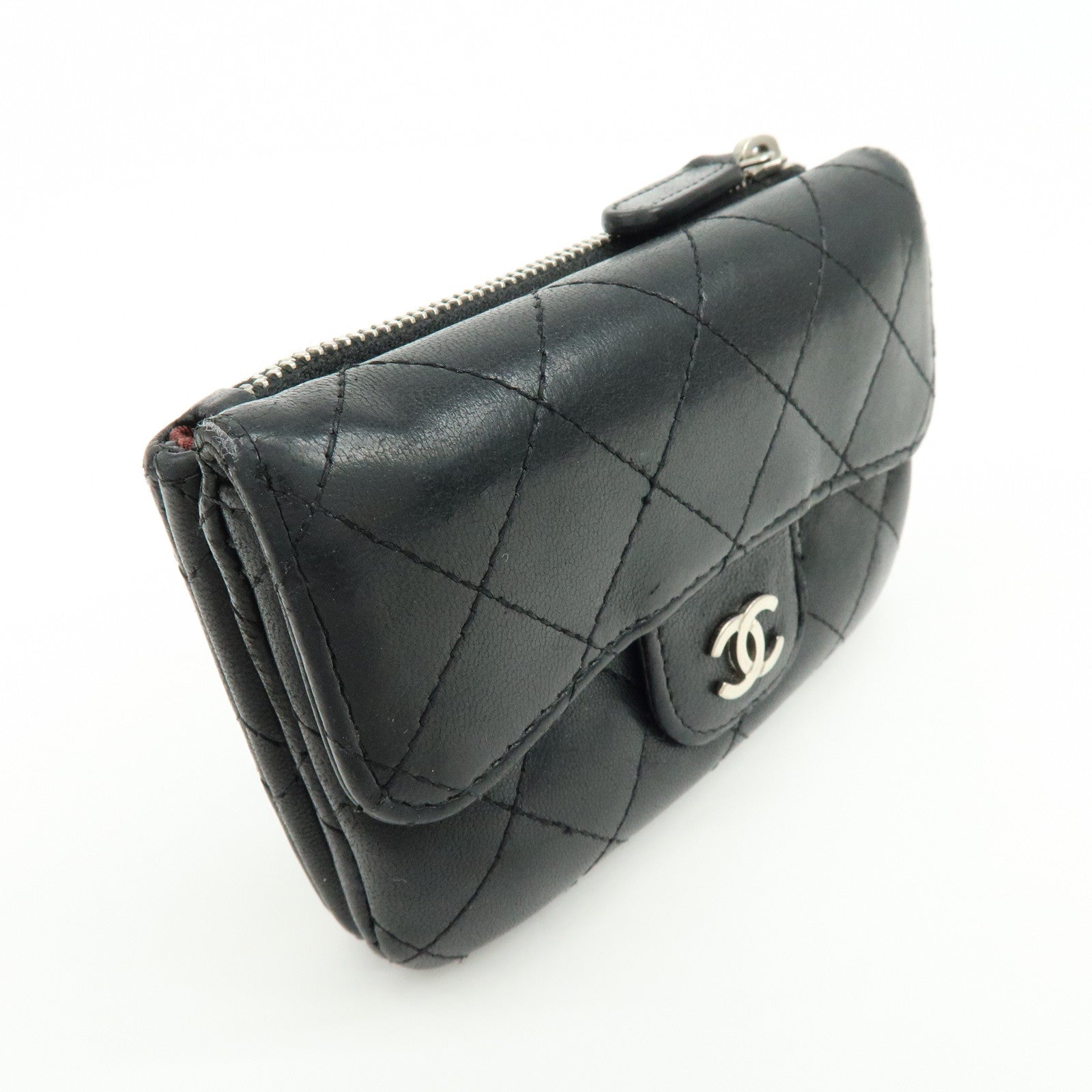 CHANEL Matelasse Lamb Skin Card Case Coin Case Black AP0214