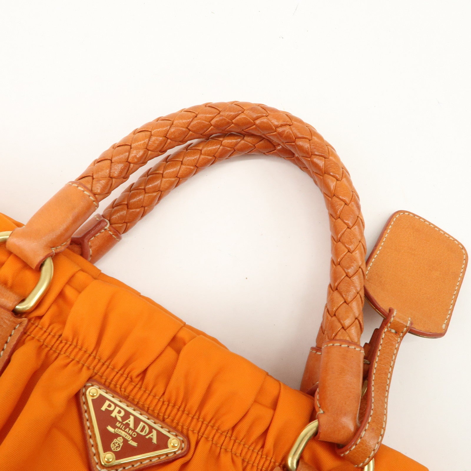PRADA Triangle Logo Nylon Leather 2Way Bag Hand Bag Orange BN1407 Used