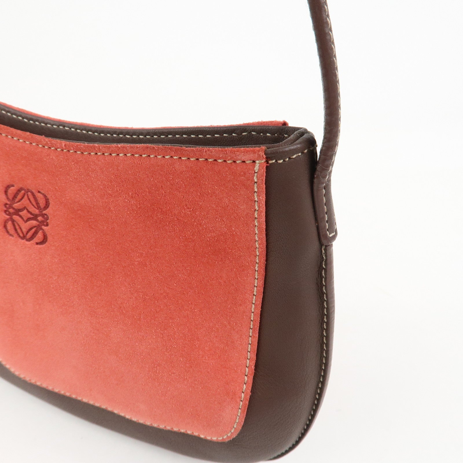 LOEWE Anagram Logo Suede Leather Accessory Pouch Hand Bag Brown Red