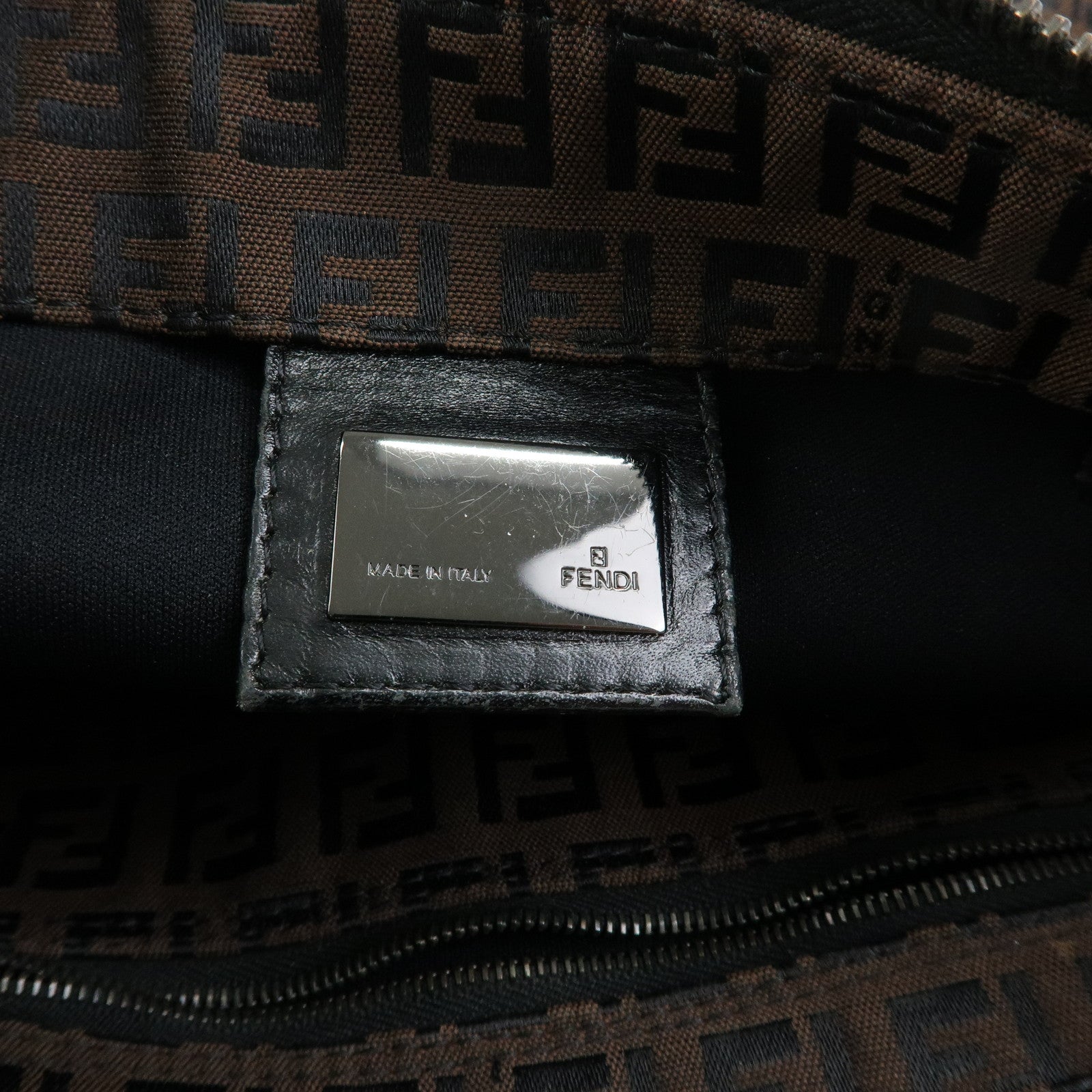 FENDI Zucchino Canvas Leather Tote Shoulder Bag Brown Black 8BH023