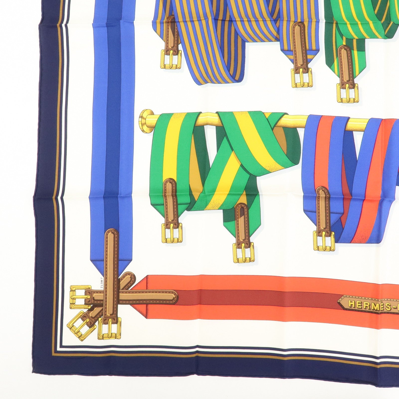 HERMES Carre 90 Silk 100% Scarf J.METZ Les Sangles White Navy