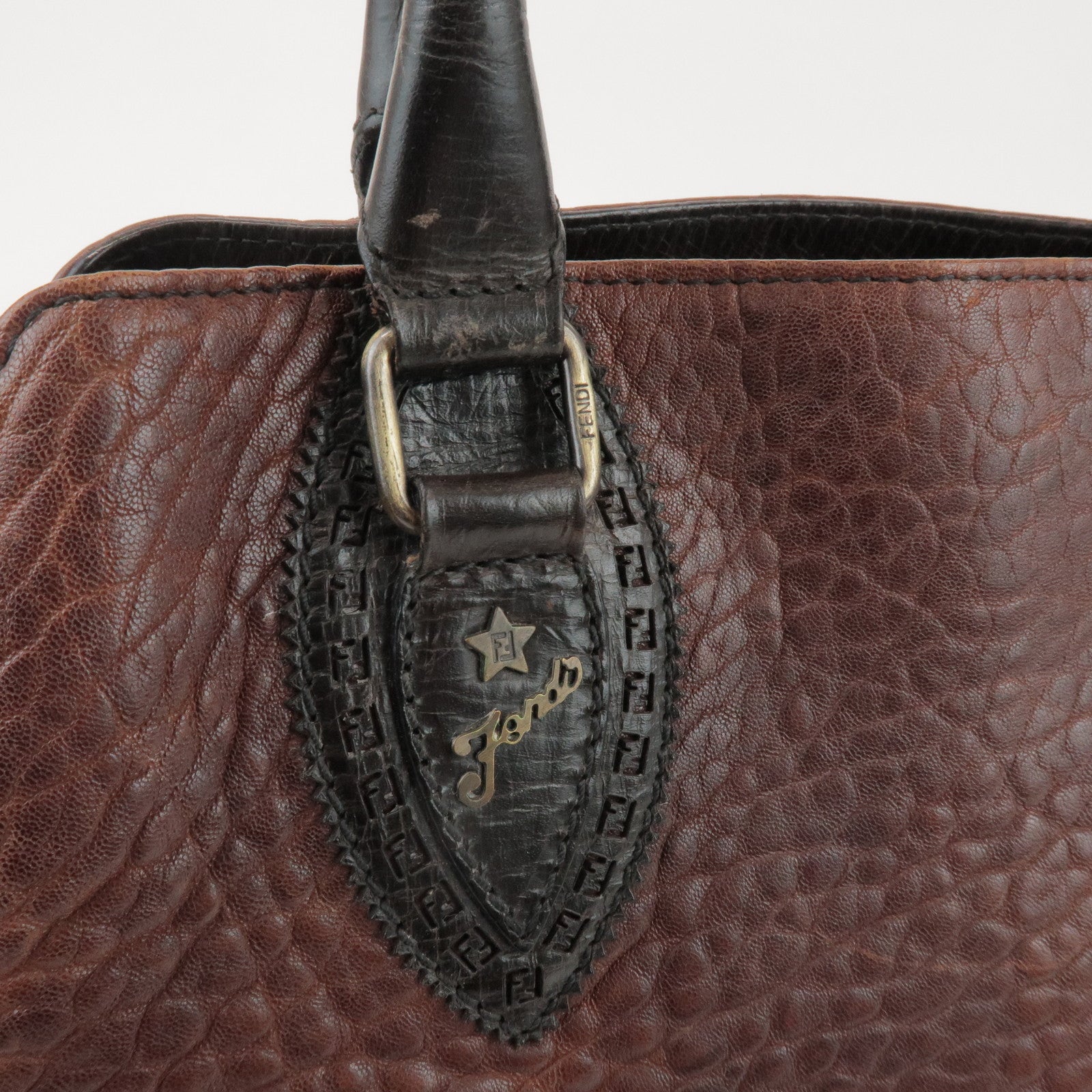 FENDI Etnico Leather Tote Bag Hand Bag Dark Brown 8BN162