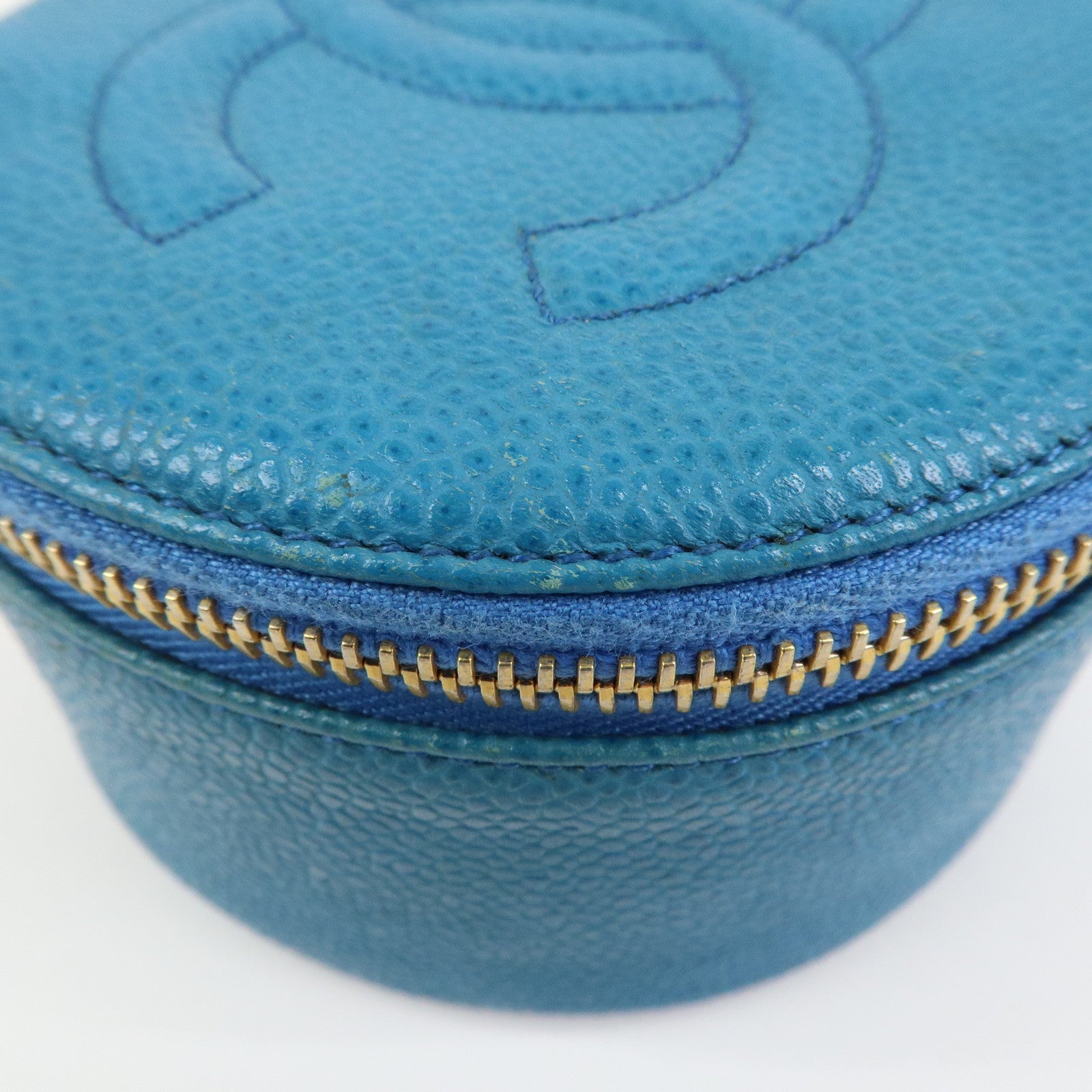 CHANEL COCO Mark Caviarskin Round Cosmetic Pouch Blue Gold
